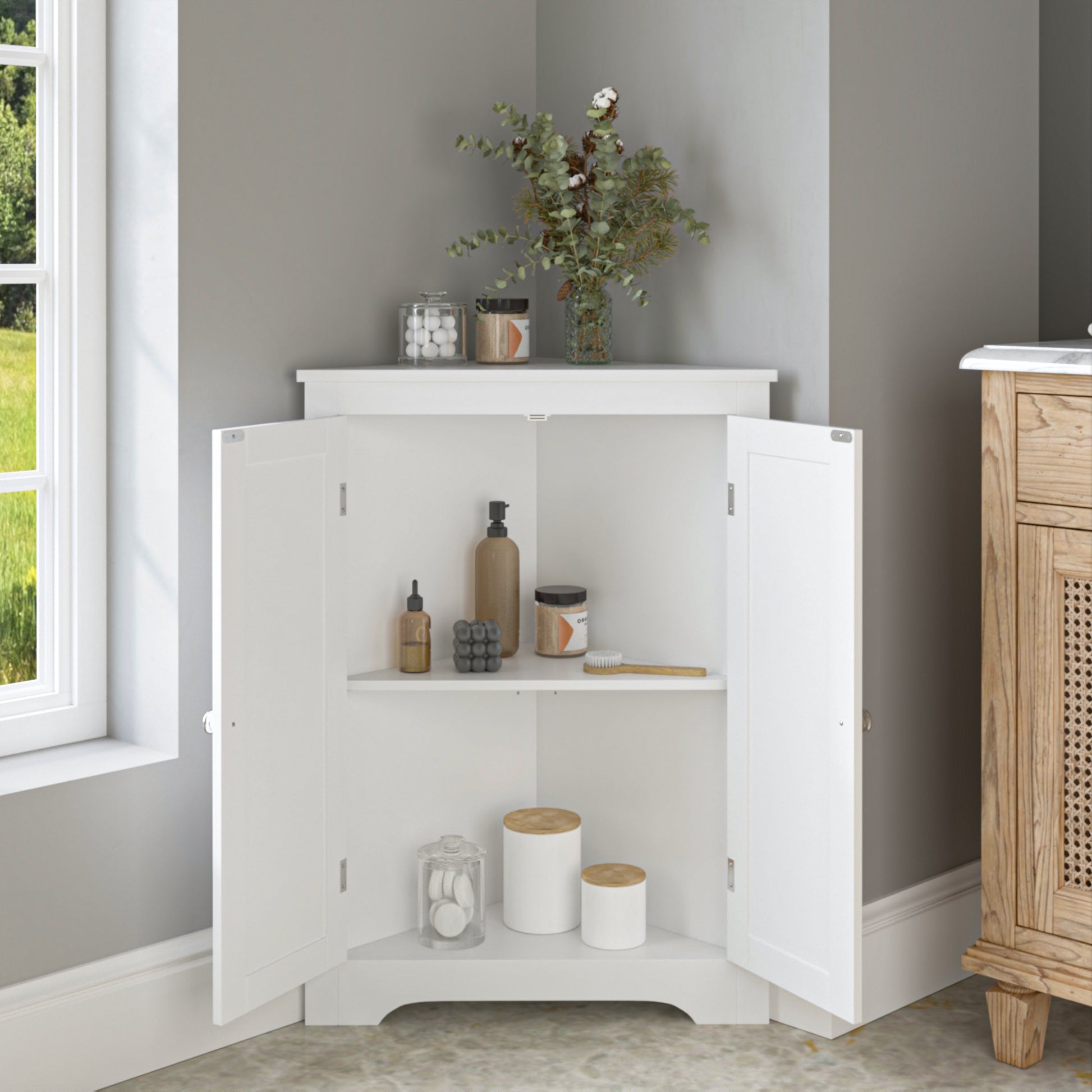 Floor Corner Cabinet With 2 Doors And Adjustable Shelves, Freestanding Narrow Cabinet Organizer, Corner Storage Cabinets For Bathroom, Kitchen, Living Room, Or Bedroom, White White 1 Mdf