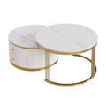 Modern 2 Pieces White Round Nesting Coffee Table With Drawers In 27.6'' Gold White Drawers Coffee & End Tables Glossy Round Metal Mdf Pedestal