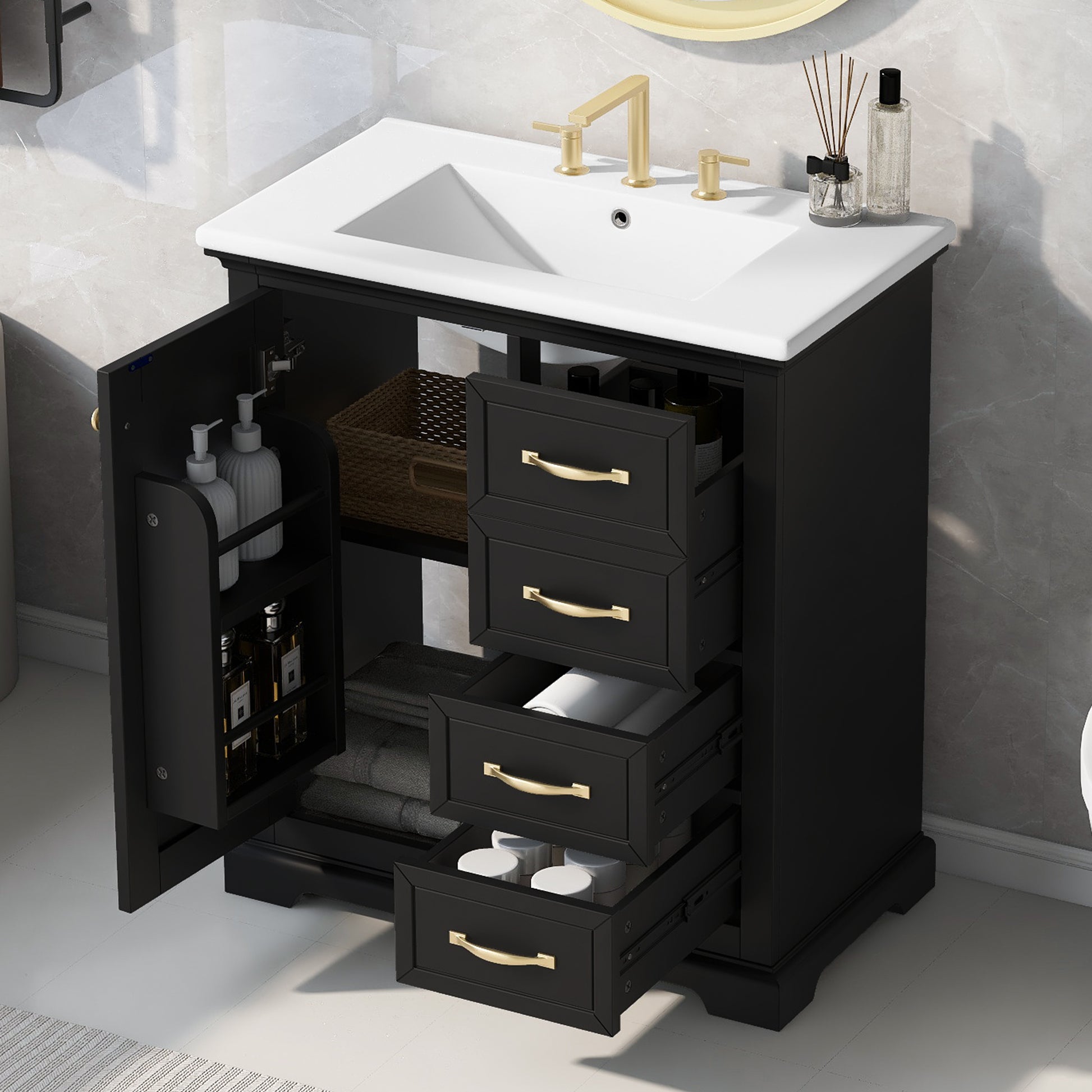 30" Bathroom Vanity With Sink, One Package, Black Bathroom Cabinet With Drawers, Solid Frame And Mdf Board Black Solid Wood Mdf