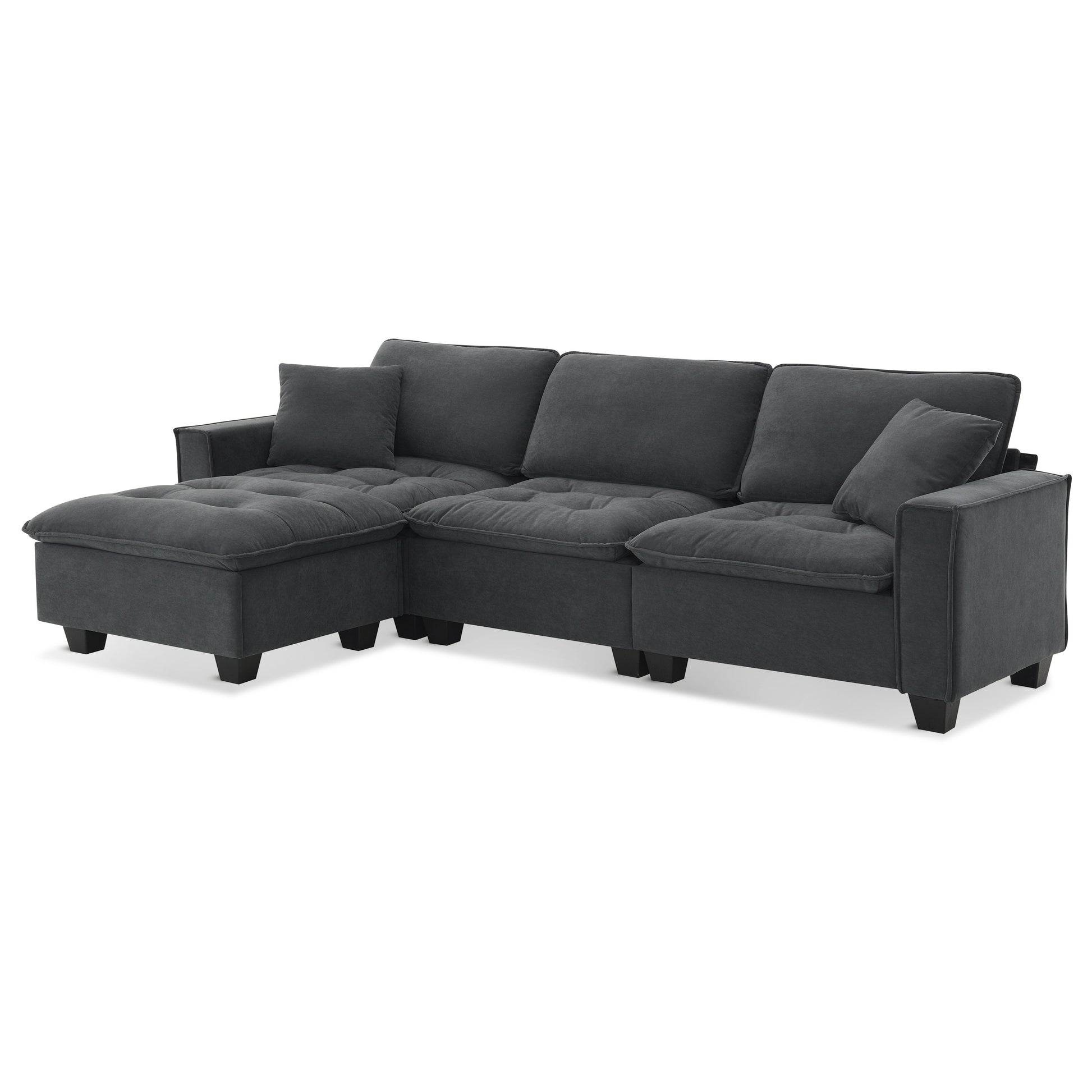 100*59" Modern Convertible Sectional Sofa,L Shaped Reversible Couch Set With Free Pillows,4 Seat Suede Velvet Sleeper Sofa With Ottoman For Living Room,Apartment,Office,3 Colors Dark Gray Suede 4 Seat