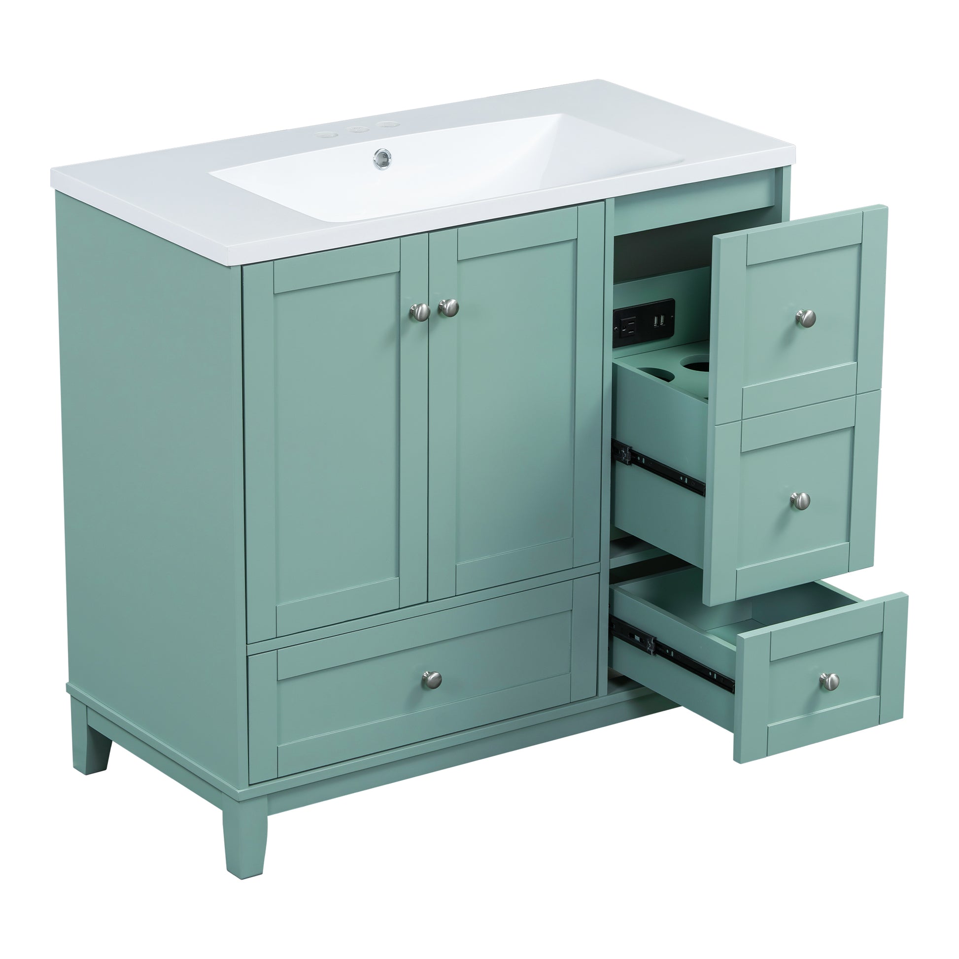 36 Inch Modern Bathroom Vanity With Usb Charging, Two Doors And Three Drawers Bathroom Storage Vanity Cabinet, Small Bathroom Vanity Cabinet With Single Sinkgreen Faucets Not Included Green Bathroom Modern Solid Wood Mdf Resin