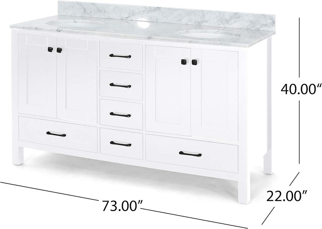 73'' Bathroom Vanity With Marble Top & Double Ceramic Sinks, 4 Doors, 6 Drawers, White White Plywood