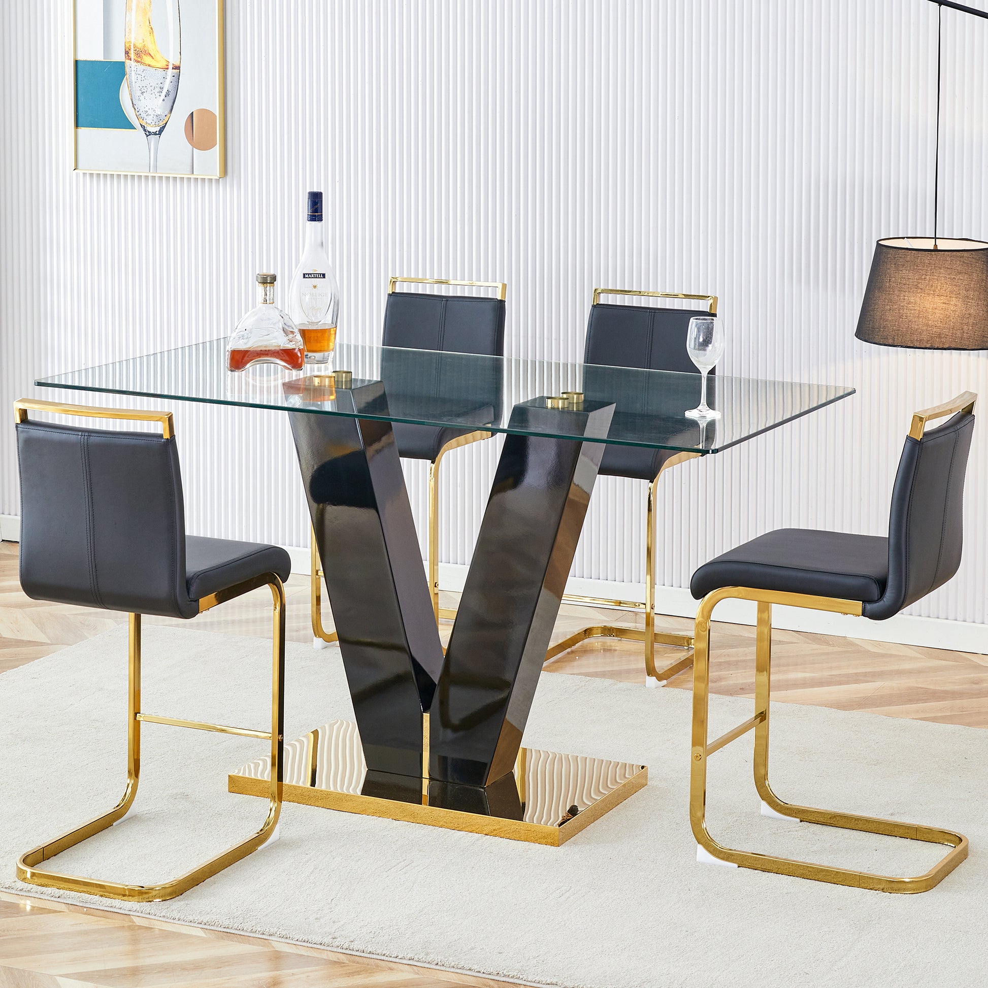 Table And Chair Set,Clear Tempered Glass And Black Legs Of The Table, Pu And Gold Legs Of The Chair Black Seats 4 Tempered Glass