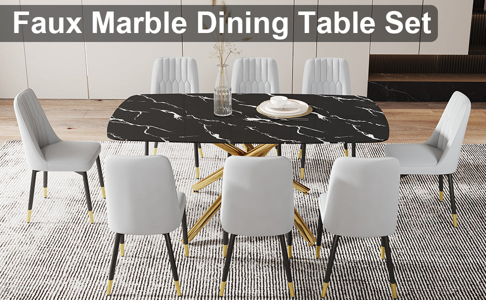 Large Modern Minimalist Rectangular Dining Table With 0.39 "Imitation Marble Black Tabletop And Golden Metal Legs, Paired With Chairs With Pu Cushions And Black Metal Legs. F 1537 C 007 Black Gold Glass Metal