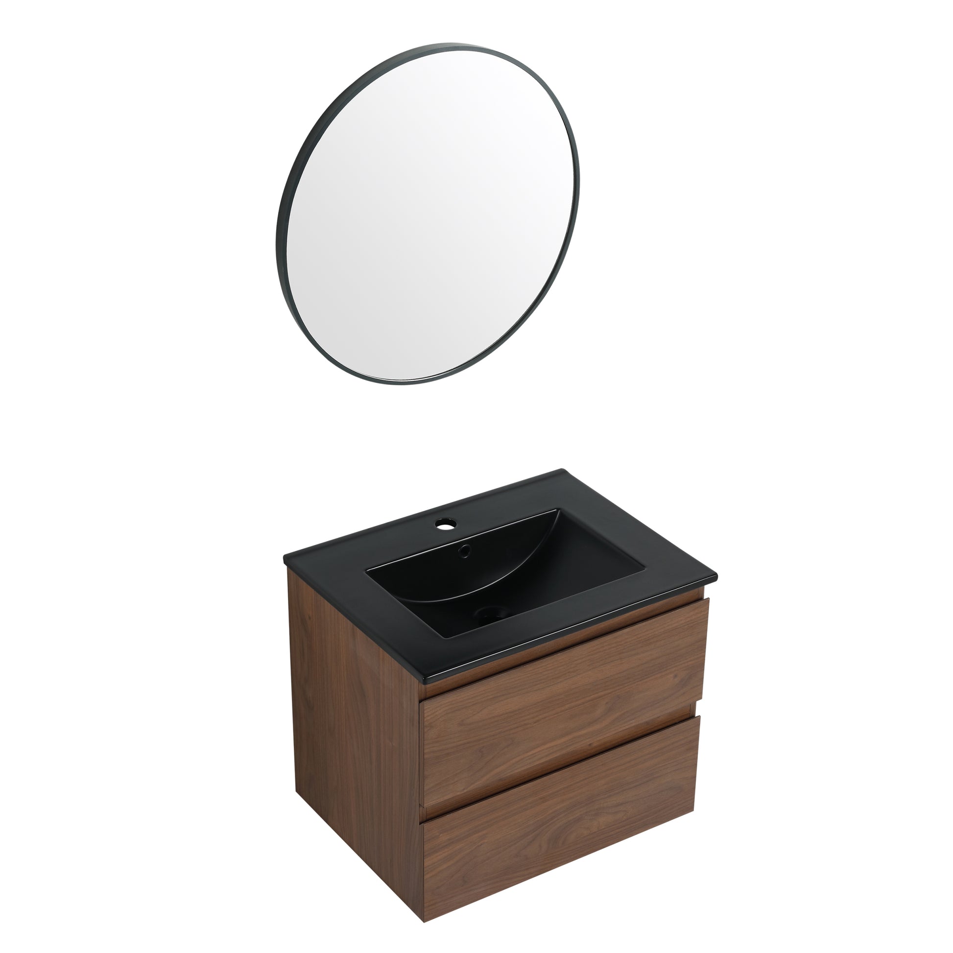 24" Wall Mounted Bathroom Vanity With Black Ceramic Sink, 2 Soft Close Drawers, Kd Package 2 Brown Oak Bathroom Wall Mounted Modern Plywood