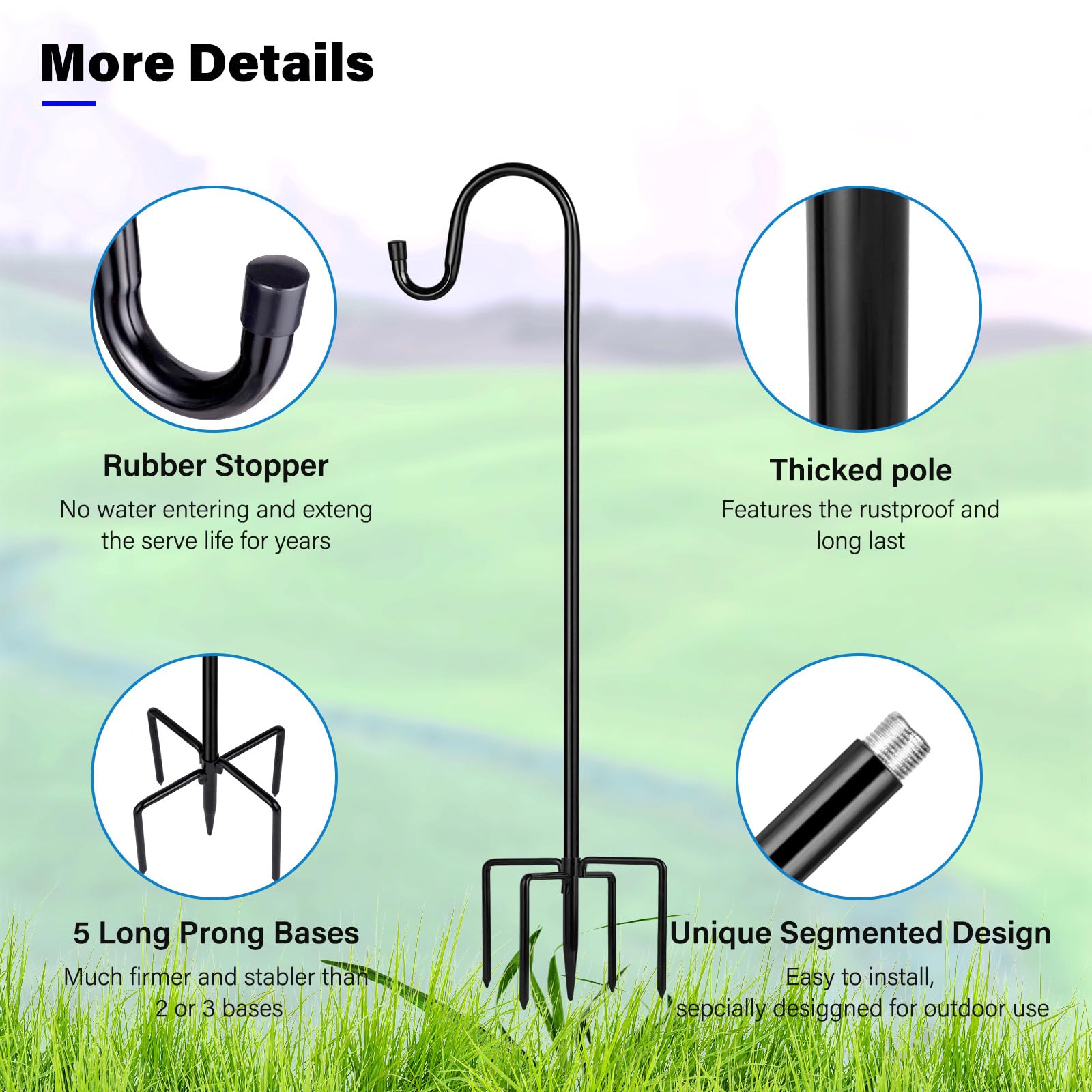 Shepherd Hooks For Outdoor, 1 Pack 46 Inch Bird Feeder Pole With 5 Prongs Base For Hanging Lantern, Hummingbird Feeder, Lightweight Plant, Shepherds Hook For Bird Feeders For Outside Black Metal