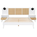 Queen Size Solid Wood Bed Frame With 2 Nightstands, Elegant Design With Lamps, Rattan And Wood Combination,White Queen White Wood