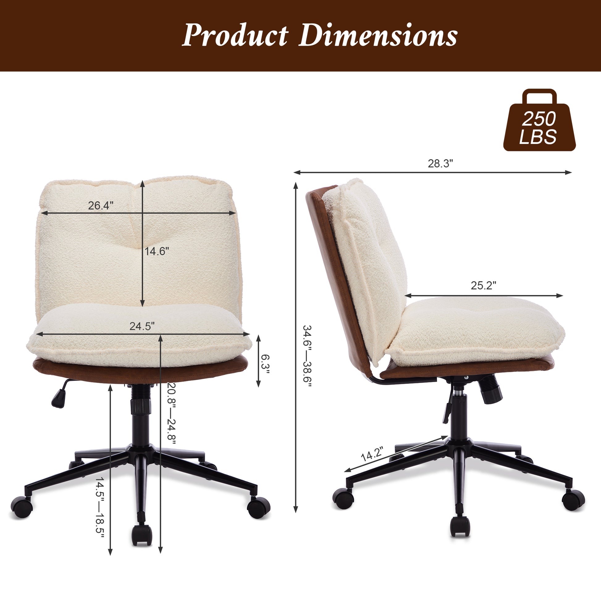Oversize Seat Cirss Cross Chair With Wheels, Elegant Design Computer Chair, Adjustable Height 360 Rolling Swivel Home Office Chair For Small Space, Dressing Room, Living Room Brown White Dark Brown White Primary Living Space Casual Foam Pu Leather