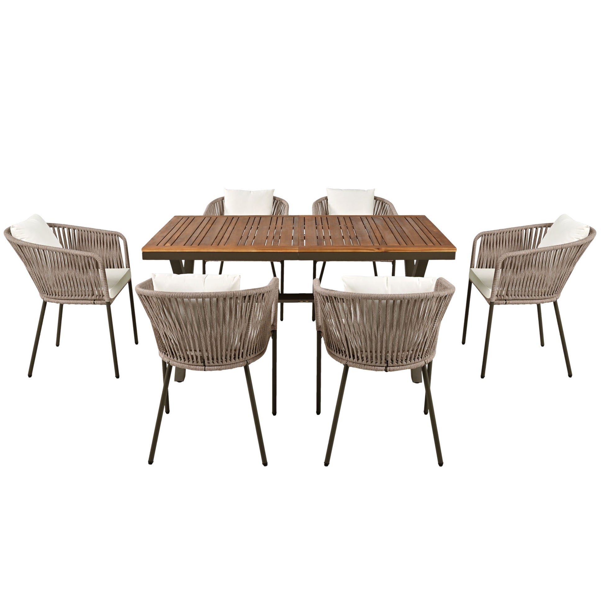 7 Pieces Patio Dining Set, All Weather Outdoor Furniture Set With Dining Table And Chairs, Acacia Wood Tabletop, Metal Frame, For For Garden, Backyard, Balcony, Beige Yes Beige Seats 6 Garden &