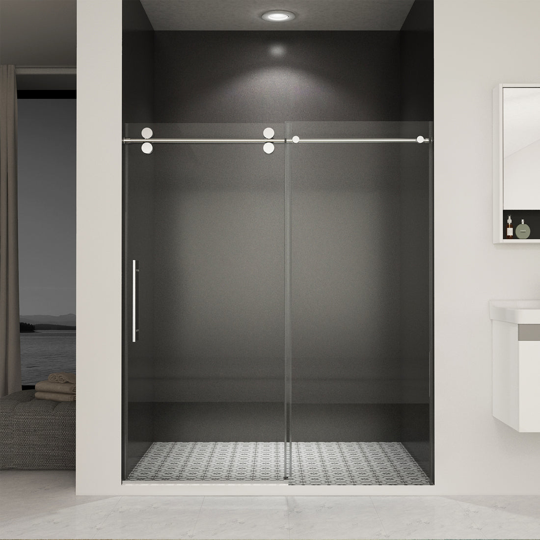 56" 60"W X 76"H Frameless , Sliding , With Premium 3 8" 10Mm Thick Tempered Glass Shower Enclosure ,Double Side Easy Clean Coat,Chrom Finished With Buffer Chrome Bathroom American Design Stainless Steel