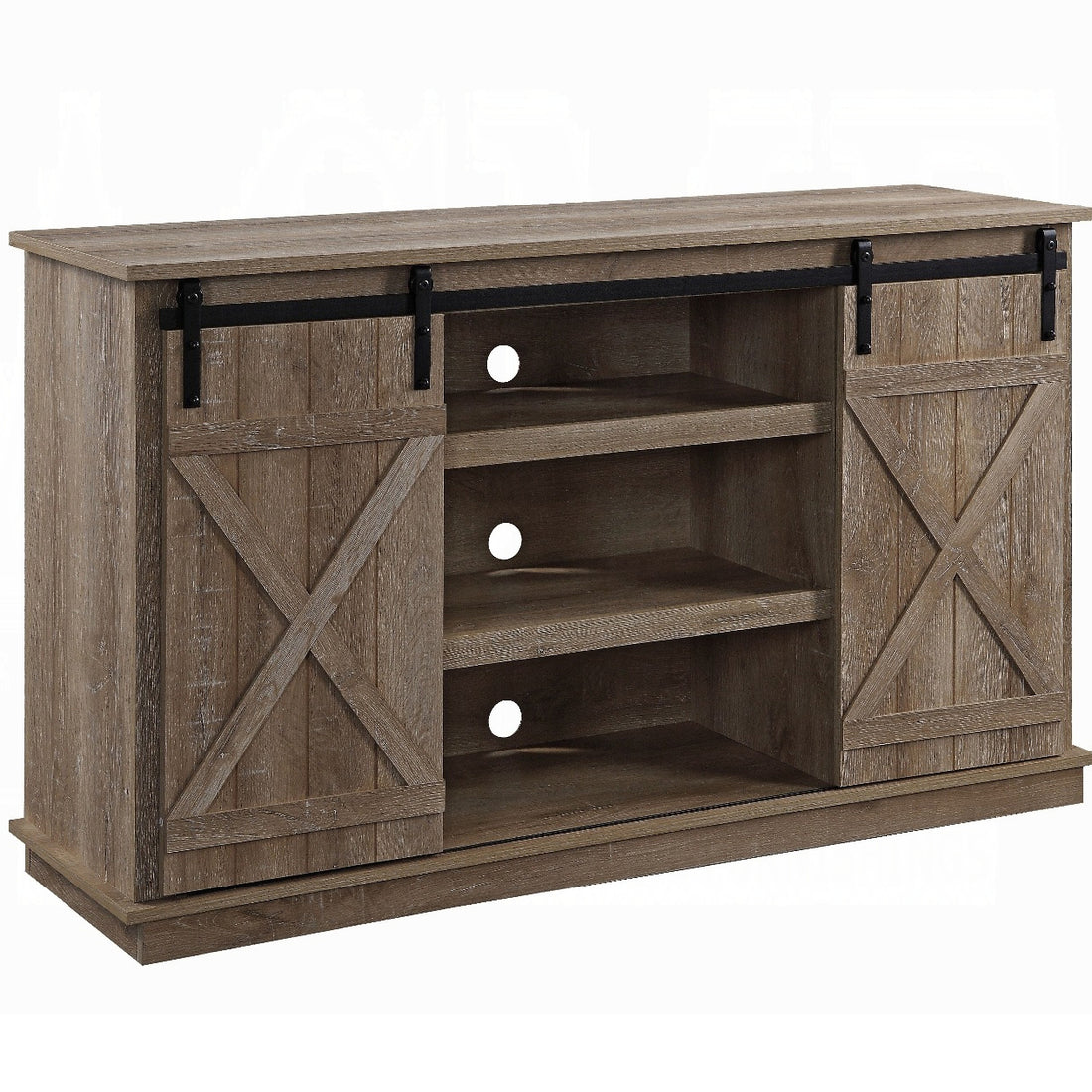 Oak Tv Stand With 2 Sliding Barn Doors Oak Primary Living Space 60 Inches 60 69 Inches Wood Metal