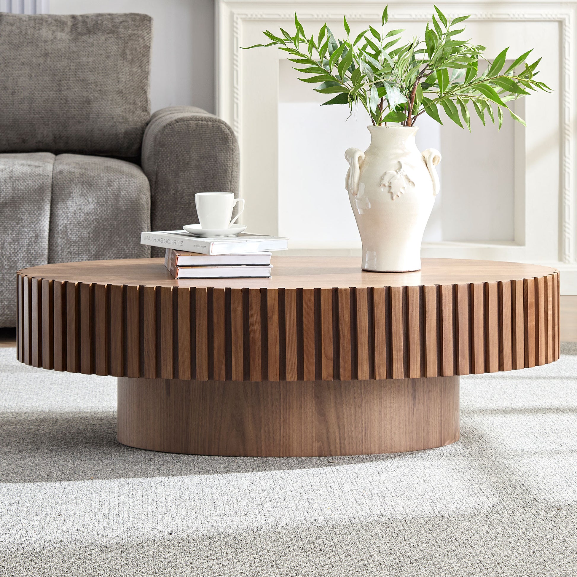 Modern Handcraft Drum Coffee Table Length 43.7 Inch Ellipse Coffee Table For Living Room,Small Coffee Table With Sturdy Pedestal,Walnut Mdf Walnut Mdf