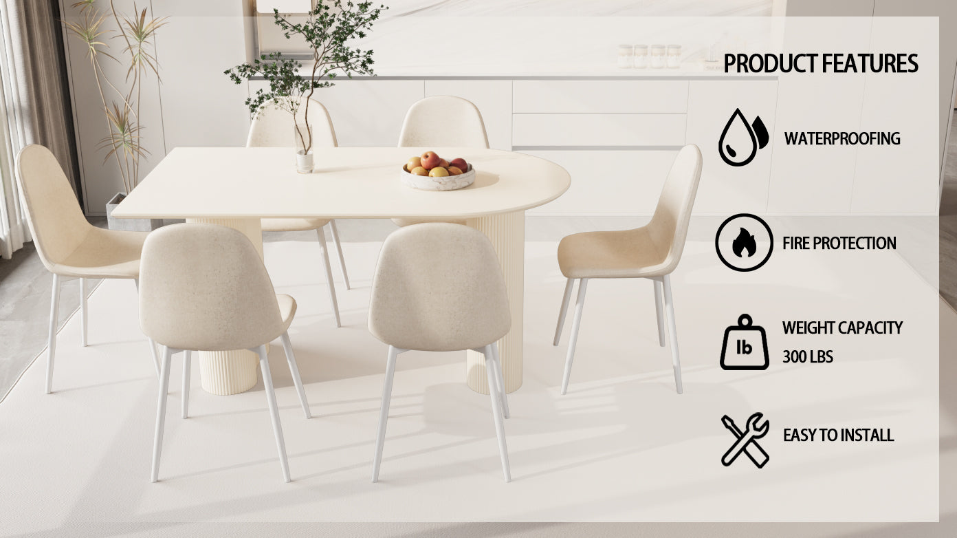 63 " Mdf Cream Style Dining Table And Modern Dining Chair 8 Piece Set, Modern Kitchen Dining Table Set, Round Wave Table Legs, Dining Table And Round Linen Chairs Buy 6 Chairs And Get 2 Free Beige