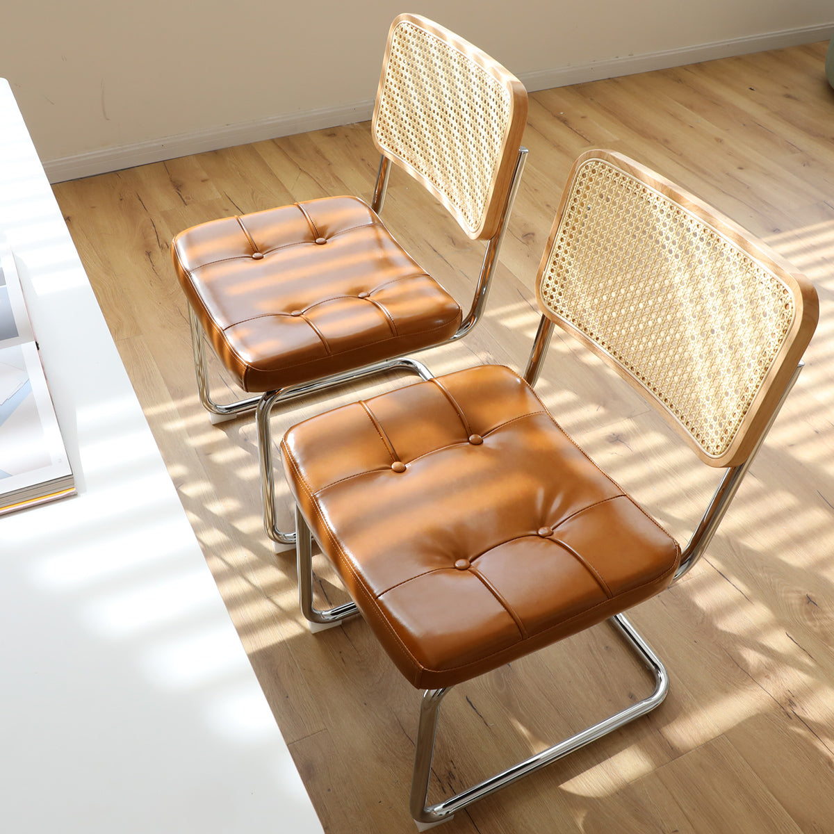 Dining Chairs Set Of 2, Fauex Leather Rattan Side Accent Chairs With Chrome Legs, Modern Mid Century Breuer Designed Chairs, Upholstered Dining Living Room Kitchen Chairs Brown 2Pcs Brown Faux