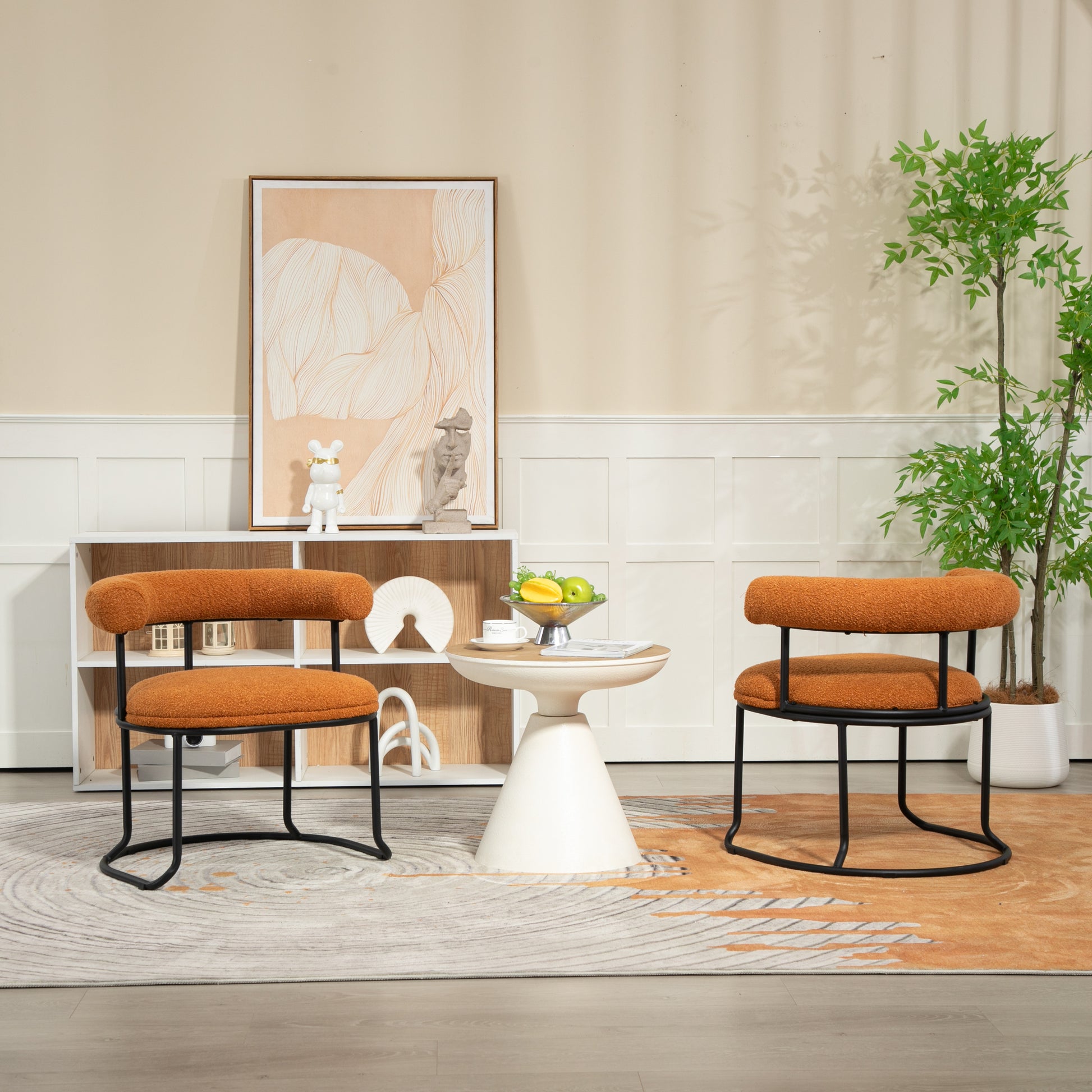 Coolmore Boucle Dining Chairs Set Of 2, Mid Century Modern Curved Backrest Chair, Round Upholstered Kitchen Chairs Orange Boucle Orange Foam Mdf Metal