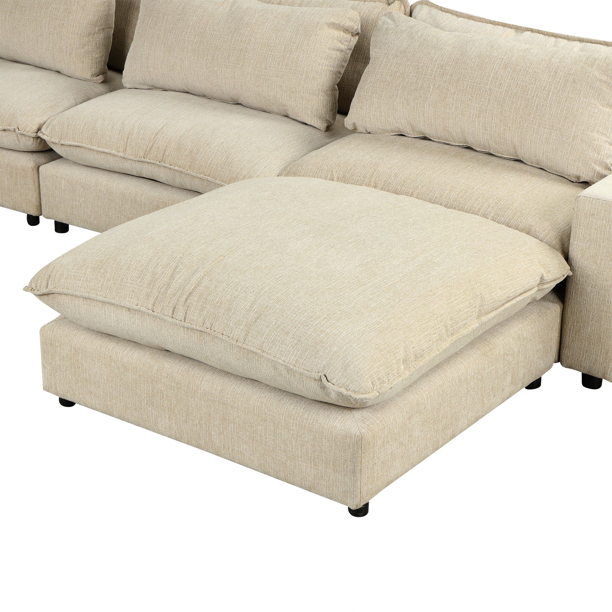 128" Sectional Sofa Cloud Sofa Chenille Upholstered Sofa Couch With Movable Ottoman, Comfortable Seat Cushions, Charging Ports And Three Back Pillows For Living Room, Beige Beige Foam Chenille 4 Seat