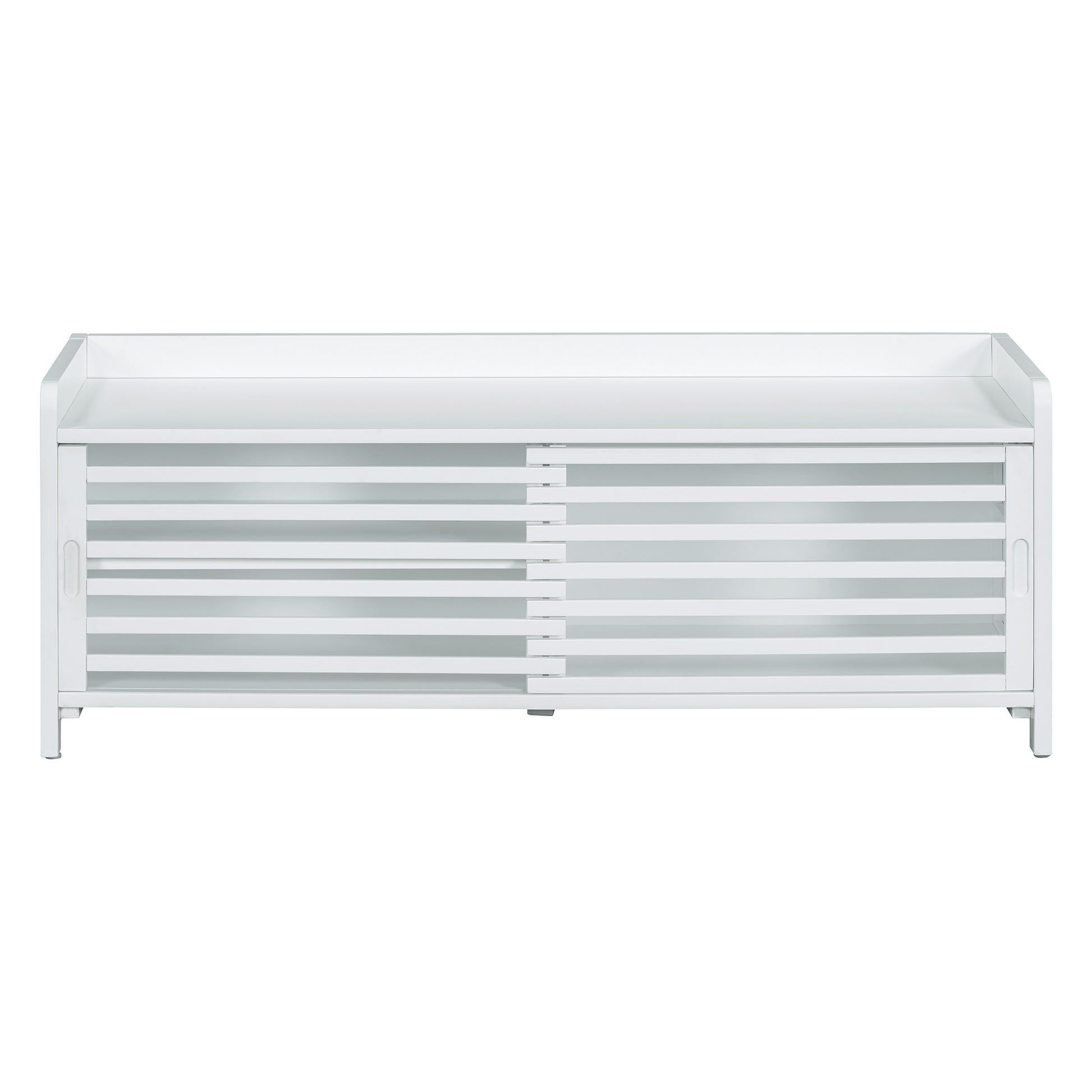 Distressed Shutter Storage Bench With Acacia Veneer For Retro Charm For Living Room, Entryway White White Mdf