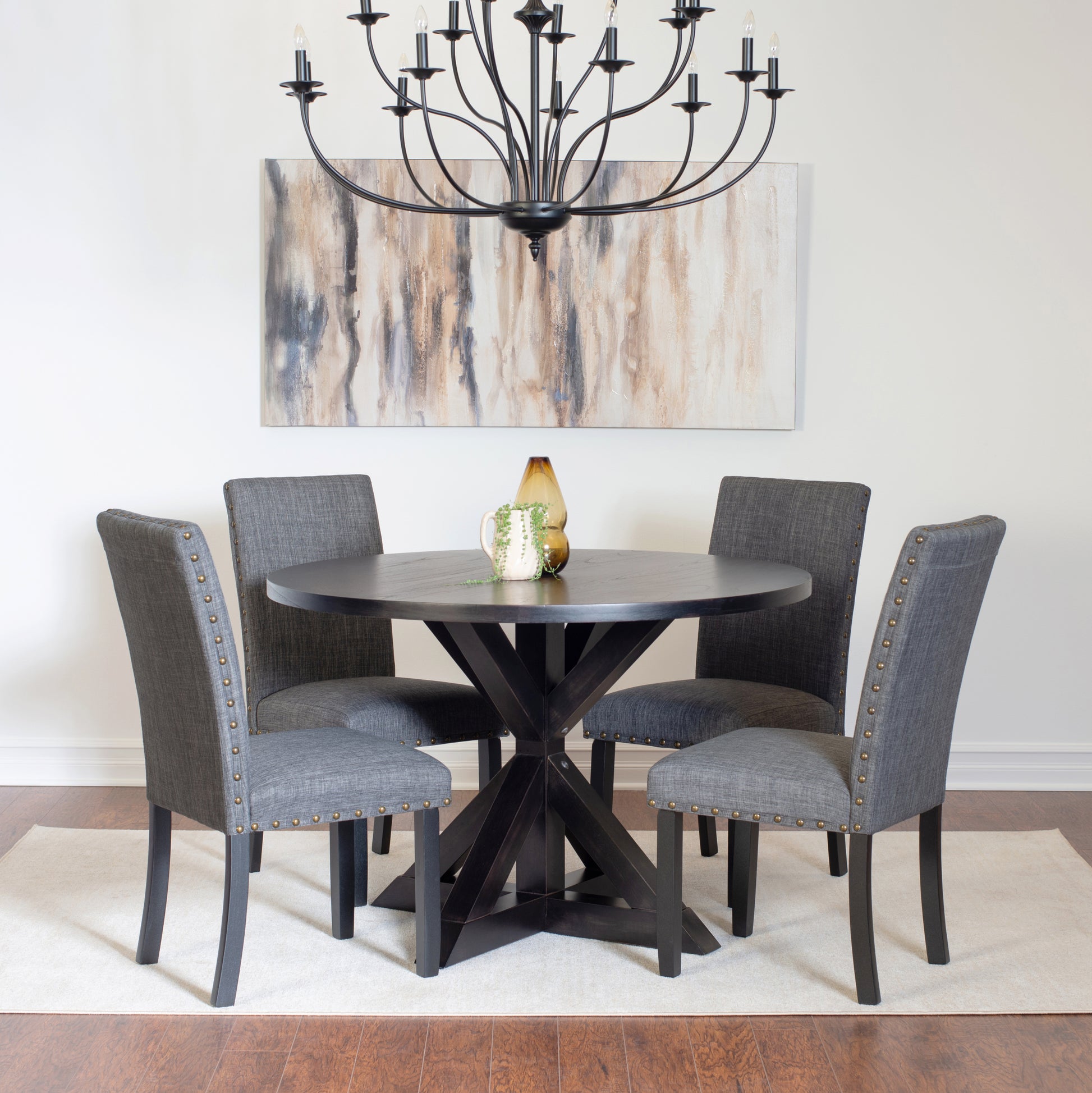 Mytzi 5 Piece Dining Set, Cross Buck Dining Table With 4 Stylish Chairs Wood Black Seats 4 Wood Dining Room Rubberwood Round Dining Table With Chair Mdf