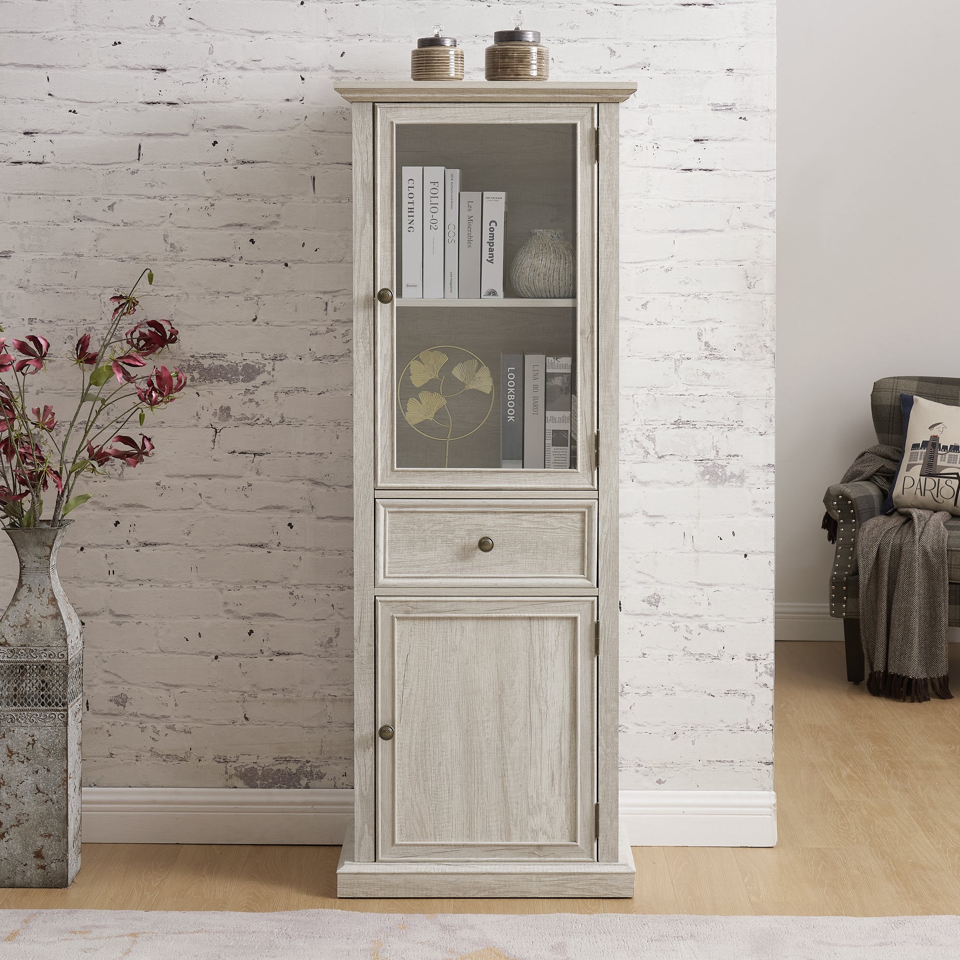 Tall Storage Cabinet, Freestanding Cabinet With Glass Door And Shelves, Sideboard Cabinet, Cabinet With Drawer For Living Room, Kitchen, Dining Room, Office, White White Mdf Glass