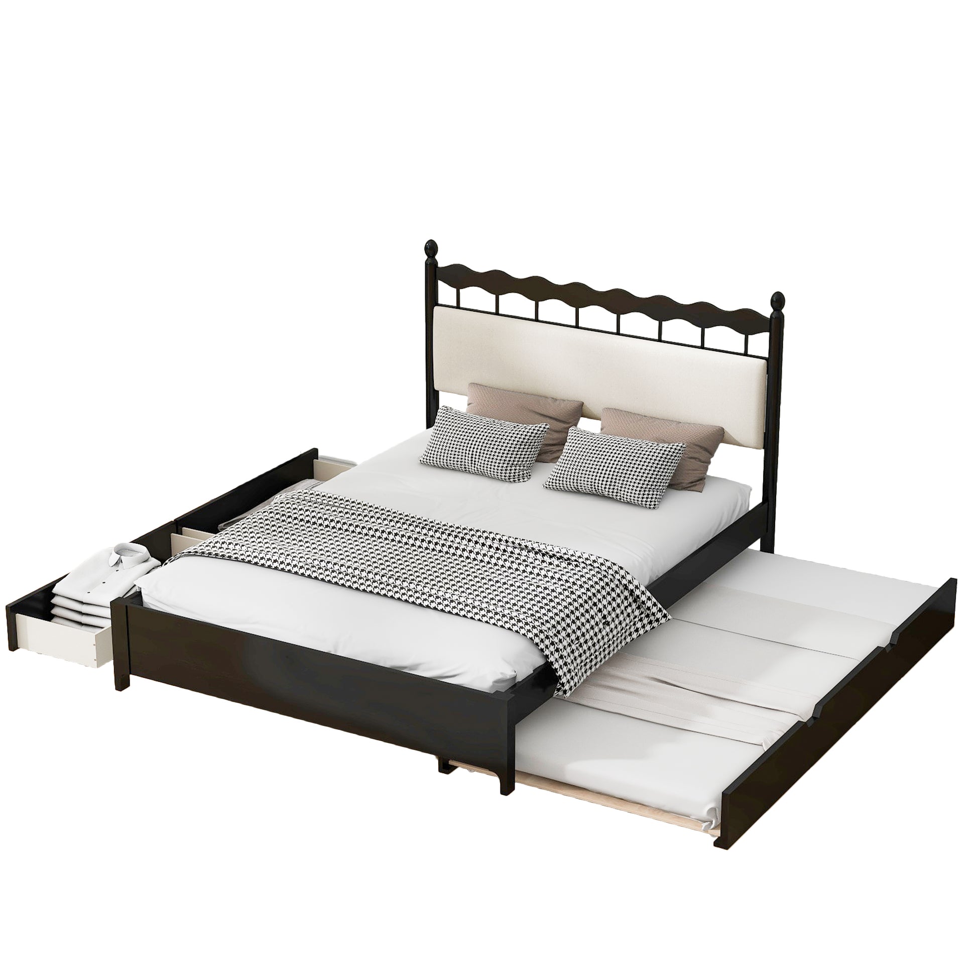 Queen Size Wooden Storage Platform Bed, With 2 Big Drawers, T Size Trundle ,Espresso Queen Espresso Plywood
