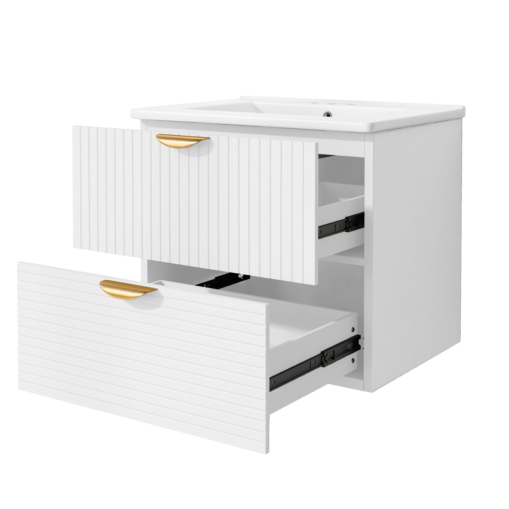 Modern 24 Inch Wall Mounted Bathroom Vanity With 2 Drawers, White Ideal For Small Bathrooms White Bathroom Mdf