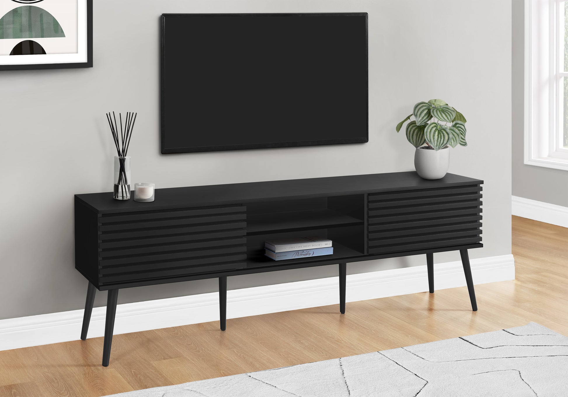 Tv Stand, 72 Inch, Media Entertainment Center, Storage Cabinet, Console, Storage Shelves, Bedroom, Living Room, Black Laminate, Contemporary, Modern Black 70 79 Inches Solid Wood Mdf