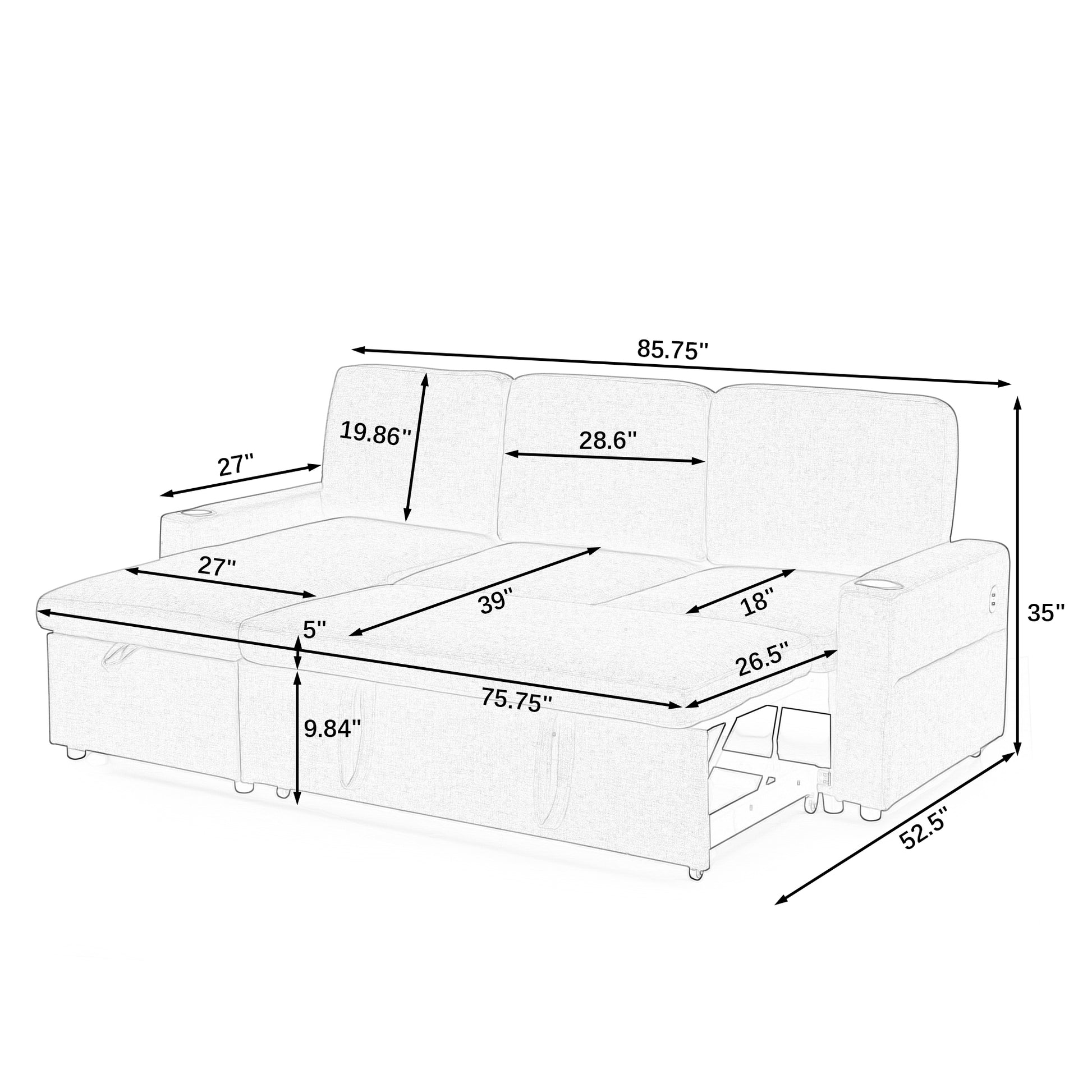 Linen Upholstered Sleeper Sectional Sofa, Shaped Modular Convertible Sofa With Storage Chaise,Side Armrests With Cup Holders,Pull Out Sleep Couch Bed ,Usb Port On The Right,Beige Full Beige Linen