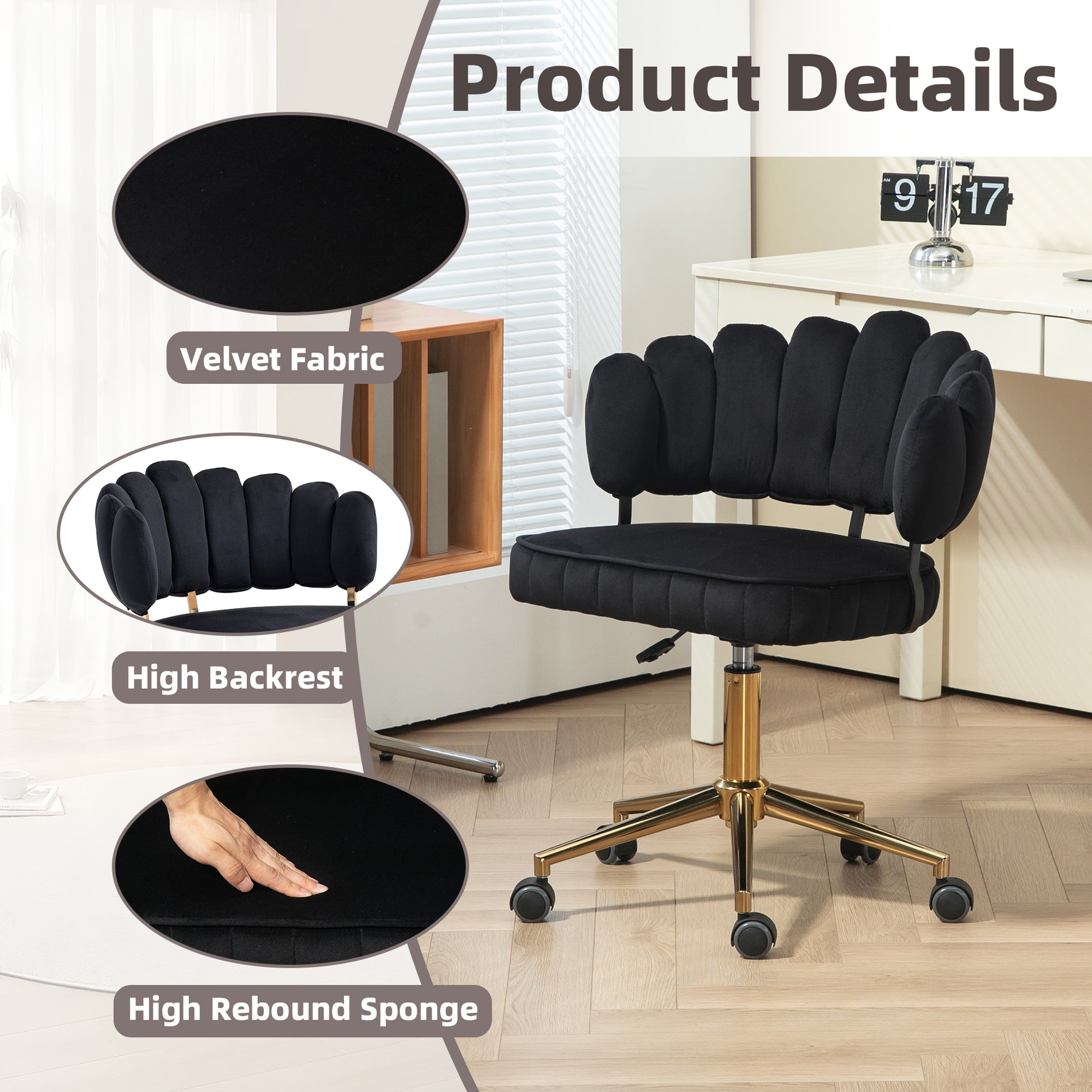 Coolmore Velvet Home Office Desk Chair, Modern Cute Computer Chair, Wheels Swivel Height Adjustable Swivel Task Chair For Home Office Black Velvet Black Primary Living Space Foam Velvet