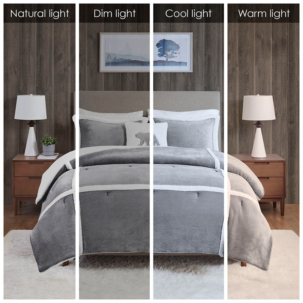 Plush To Sherpa Comforter Set Twin Grey Polyester