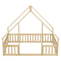 Full Wood House Shaped Floor Bed With Fence, Guardrails,Natural Full Natural American Design Pine