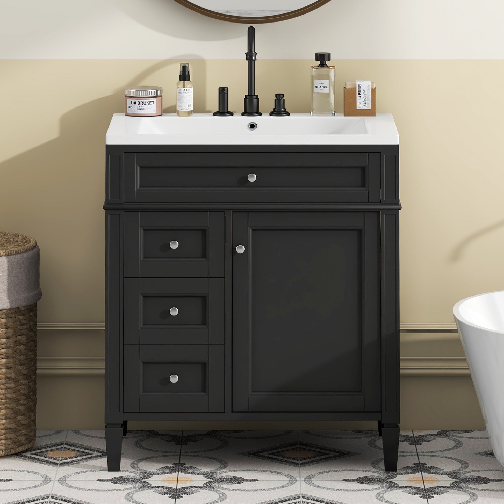 30'' Bathroom Vanity With Top Sink, Modern Bathroom Storage Cabinet With 2 Drawers And A Tip Out Drawer, Single Sink Bathroom Vanity Black Bathroom Solid Wood Mdf