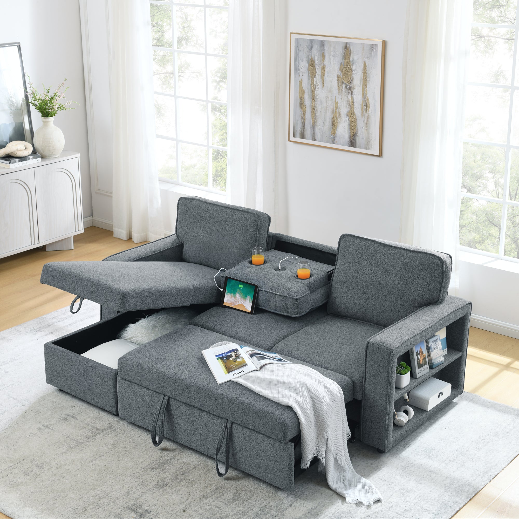 Linen Upholstered Sleeper Sectional Sofa Shaped Modular Convertible Sofa with Storage Chaise There Are Two Cup Holders in The Middle and USB Multi