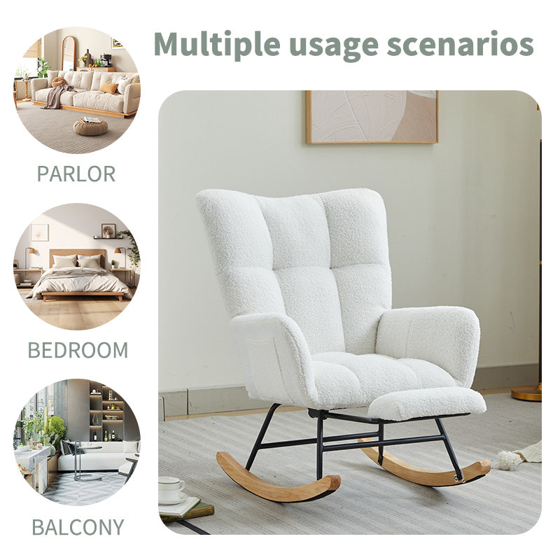 Modern Nursery Rocking Chair, Upholstered Glider Chair With High Backrest, Rocker Accent Armchair With Solid Wood Legs For Nursery Bedroom Living Room White White Teddy