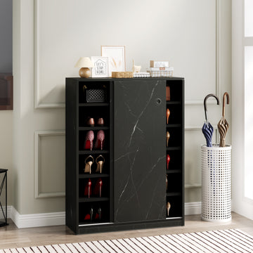 Marble Black Shoe Cabient With Sliding Door Have 6 Layers Can Storage At Least30 Pairs Shoes Black Particle Board