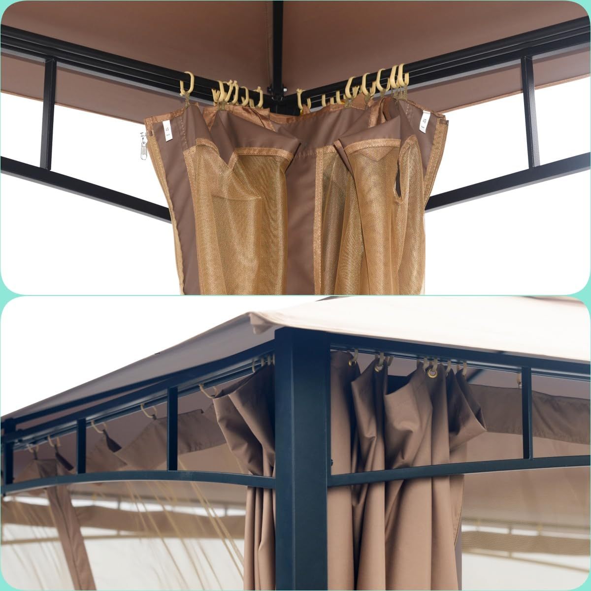 10X12 Softtop Metal Grill Gazebo With Mosquito Net&Sunshade Curtains,Heavy Duty Double Roof Canopy,Galvanized Steel Design Outdoor Tent,Suitable For Gardens,Patio,Backyard Beige Rectangular None Garden & Outdoor Water Resistant Gazebos Fabric Metal