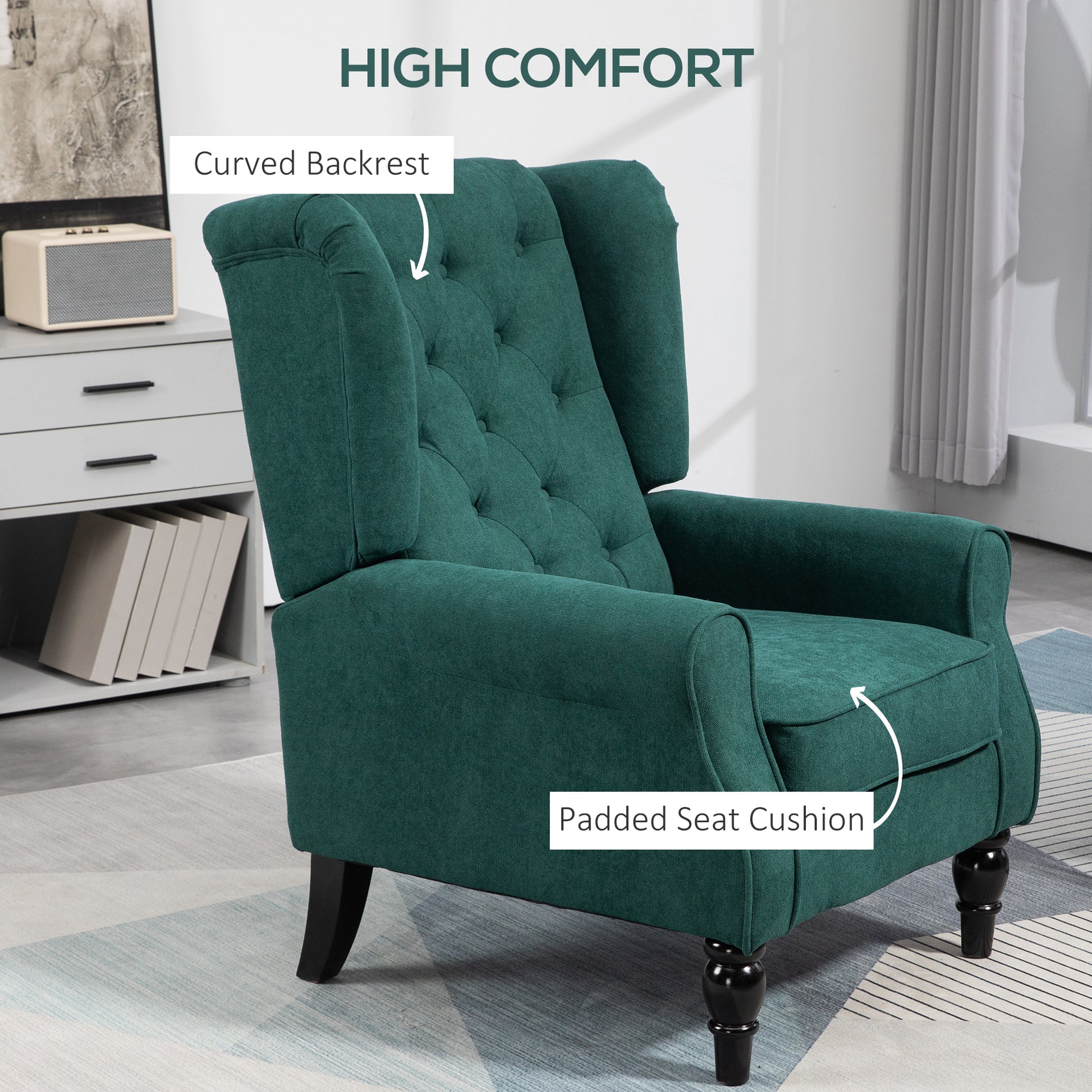 Homcom Button Tufted Accent Chair With High Wingback, Rounded Cushioned Armrests And Thick Padded Seat, Dark Green Dark Green Polyester