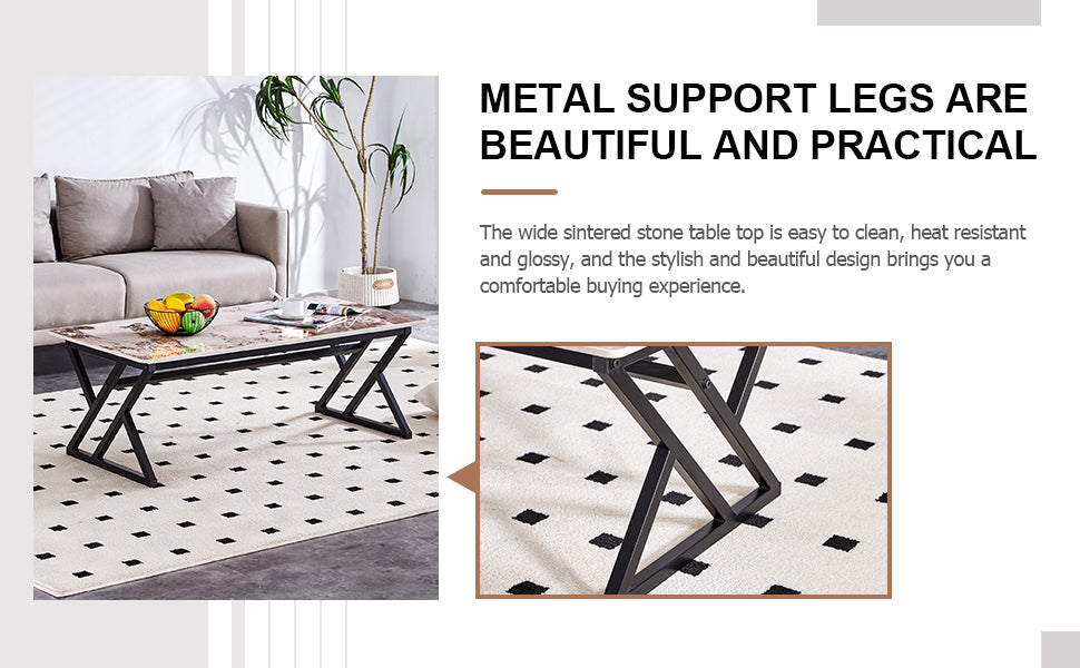 A Modern Minimalist Style Marble Patterned Coffee Table With Black Metal Legs. Computer Desk. Game Table. Tea Table. Ct Xx White Black Sintered Stone