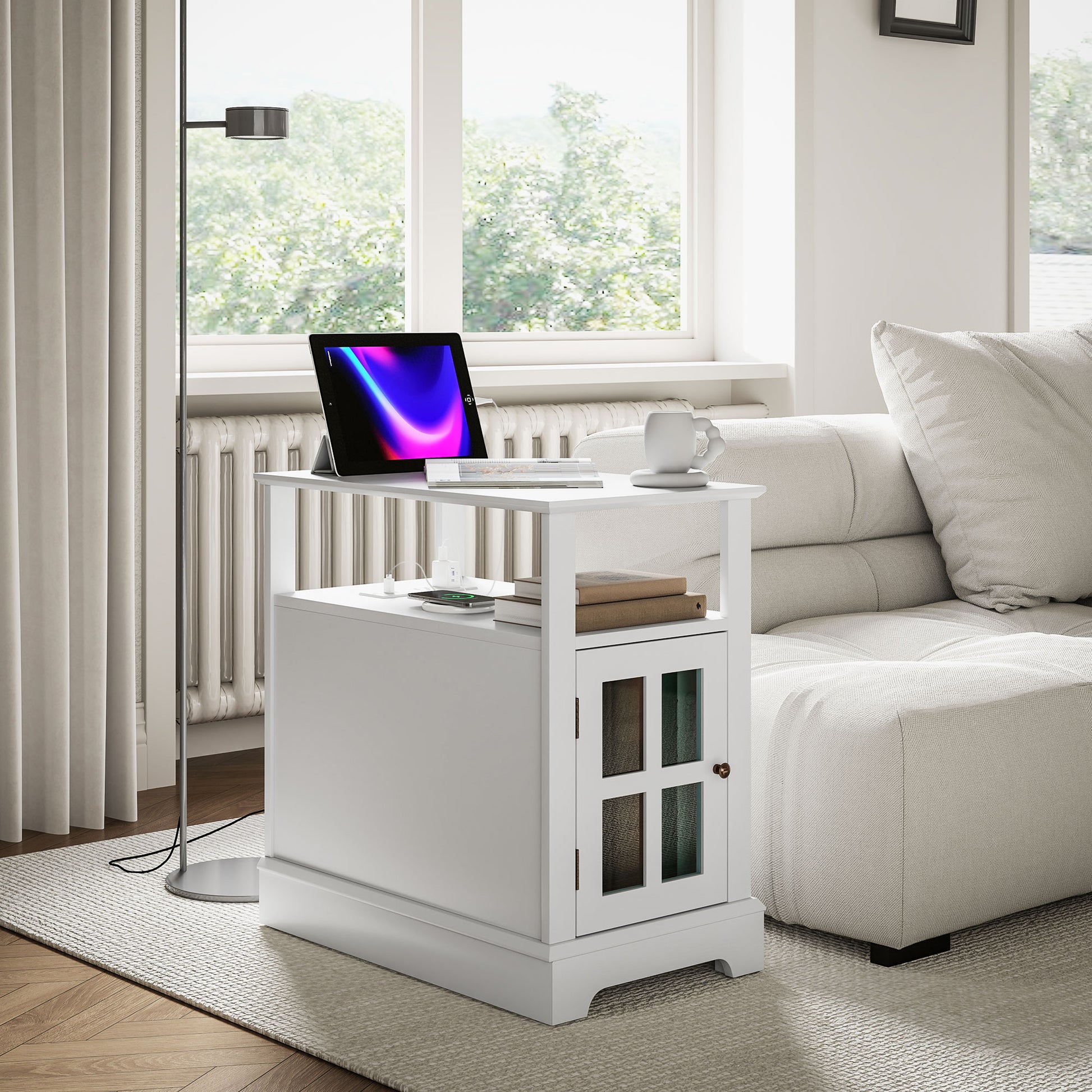 Homcom End Table With Charging Station, Narrow Side Table With Usb Ports And Outlets, Small Table With Hidden Storage And Open Shelf For Living Room, White White Mdf