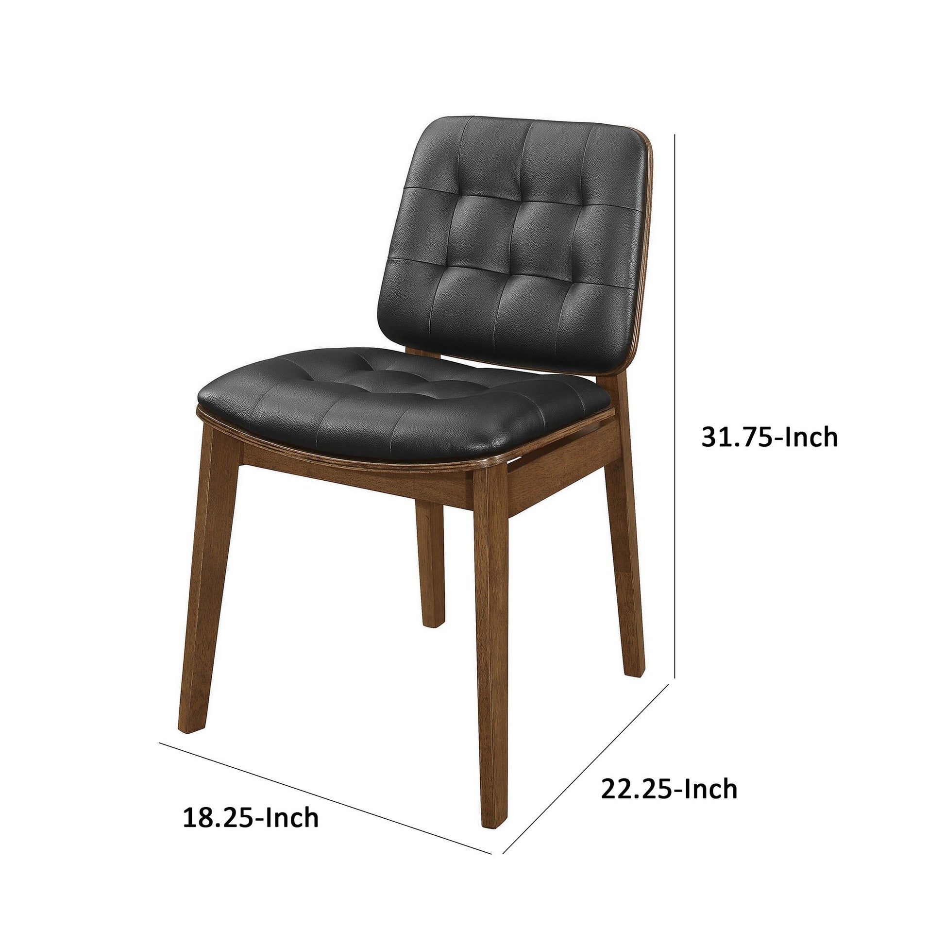 18 Inch Dining Chair, Set Of 2, Black Vegan Faux Leather, Tufted Seat Brown Black Wood