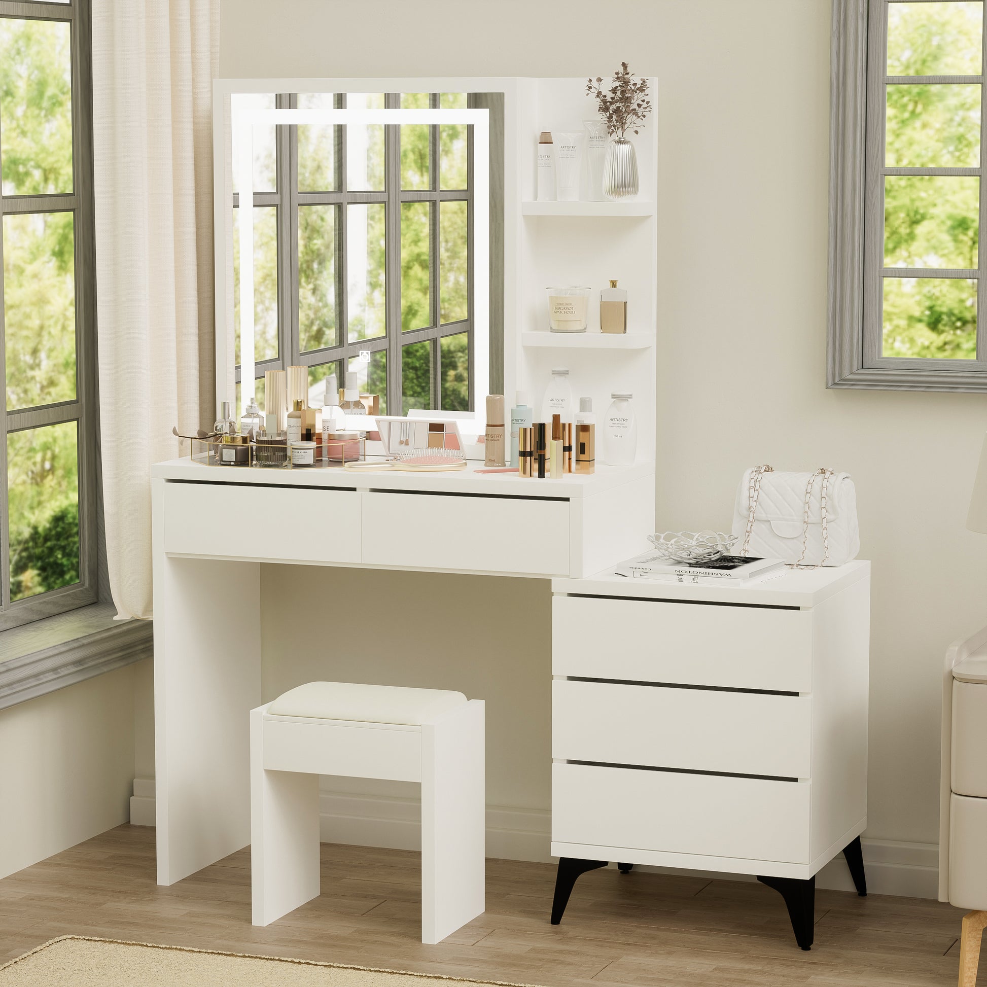 45.3" Long Large Vanity Desk With Mirror And Lights For Makeup And Chair, Vanity Mirror With Lights And Table Set With 3 Color Lighting Brightness Adjustable, 5 Drawers, White Color White 5 Drawers