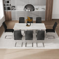 Table And Chair Set, Modern And Minimalist Dining Table. Imitation Marble Glass Sticker Desktop, Stainless Steel Legs, Stable And Beautiful. Comfortable Pu Seats. Dt 69 Black Silver Glass