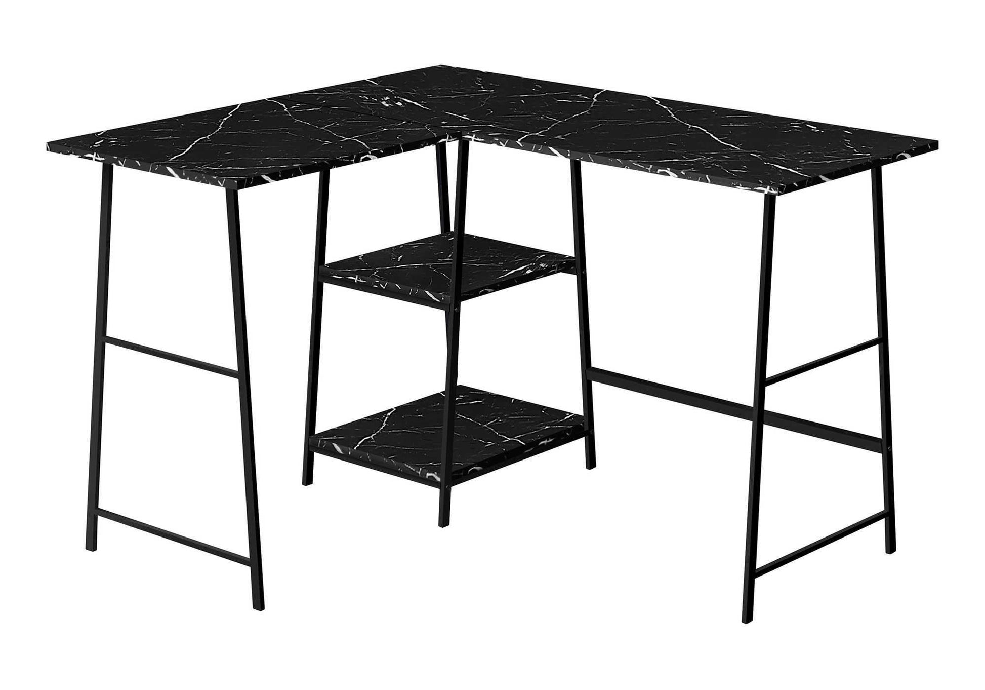 Computer Desk, Home Office, Corner, Storage Shelves, 48"L, L Shape, Work, Laptop, Black Marble Look Laminate, Black Metal, Contemporary, Modern Black Metal