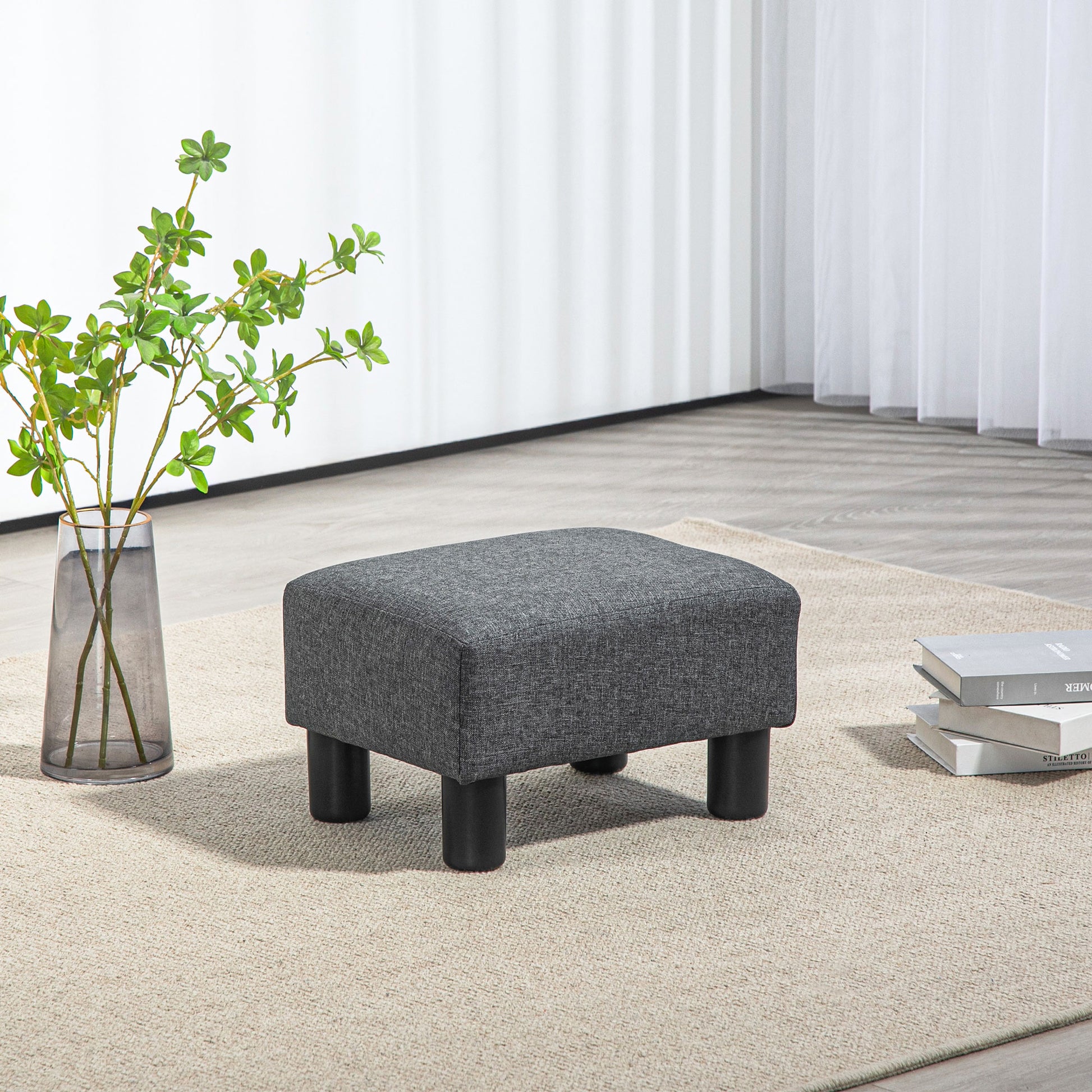 Homcom Ottoman Foot Rest, Small Foot Stool With Linen Fabric Upholstery And Plastic Legs, Cube Ottoman For Living Room, Charcoal Gray Gray Linen