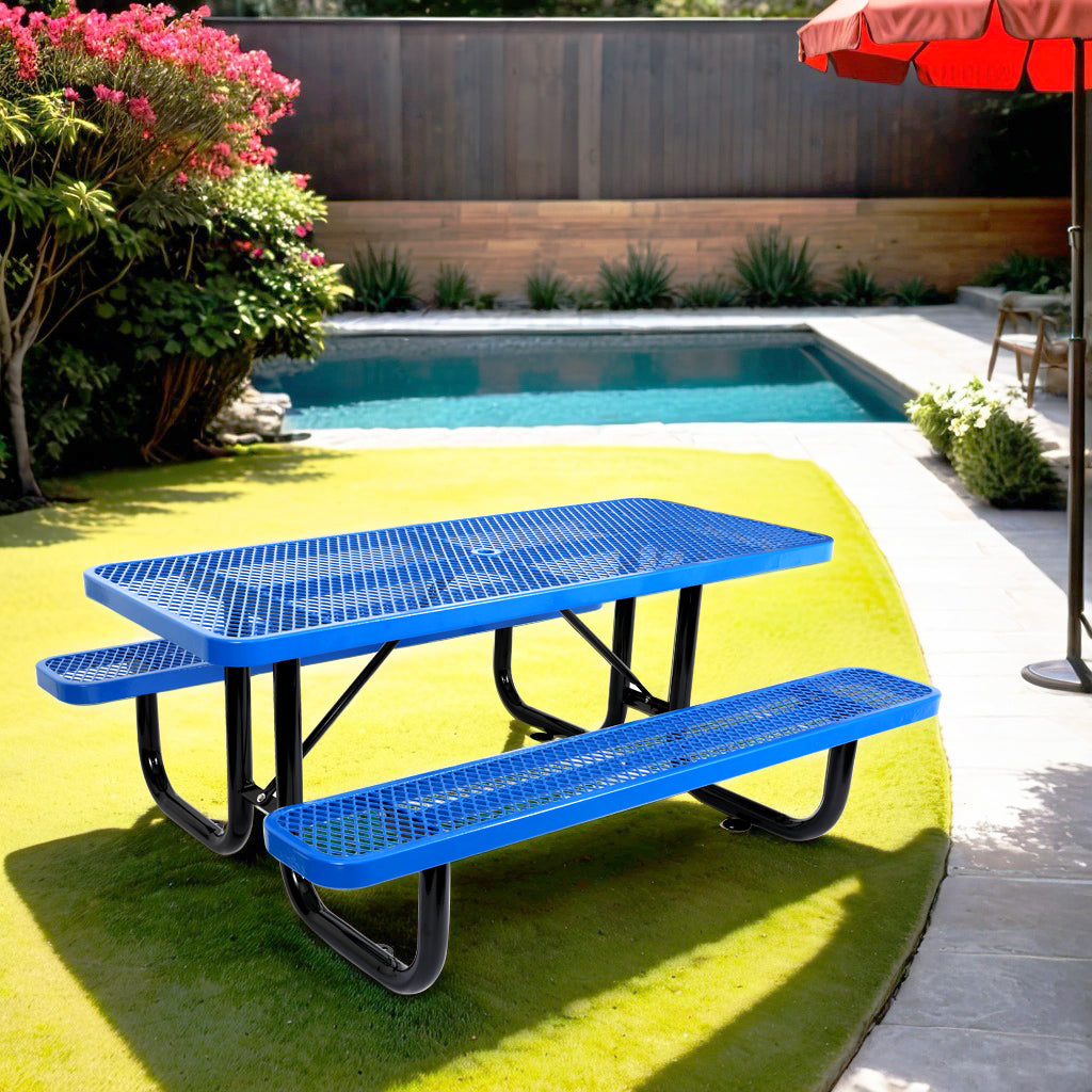 6 Ft. Rectangular Outdoor Steel Picnic Table With Umbrella Pole In Blue Blue Carbon Steel