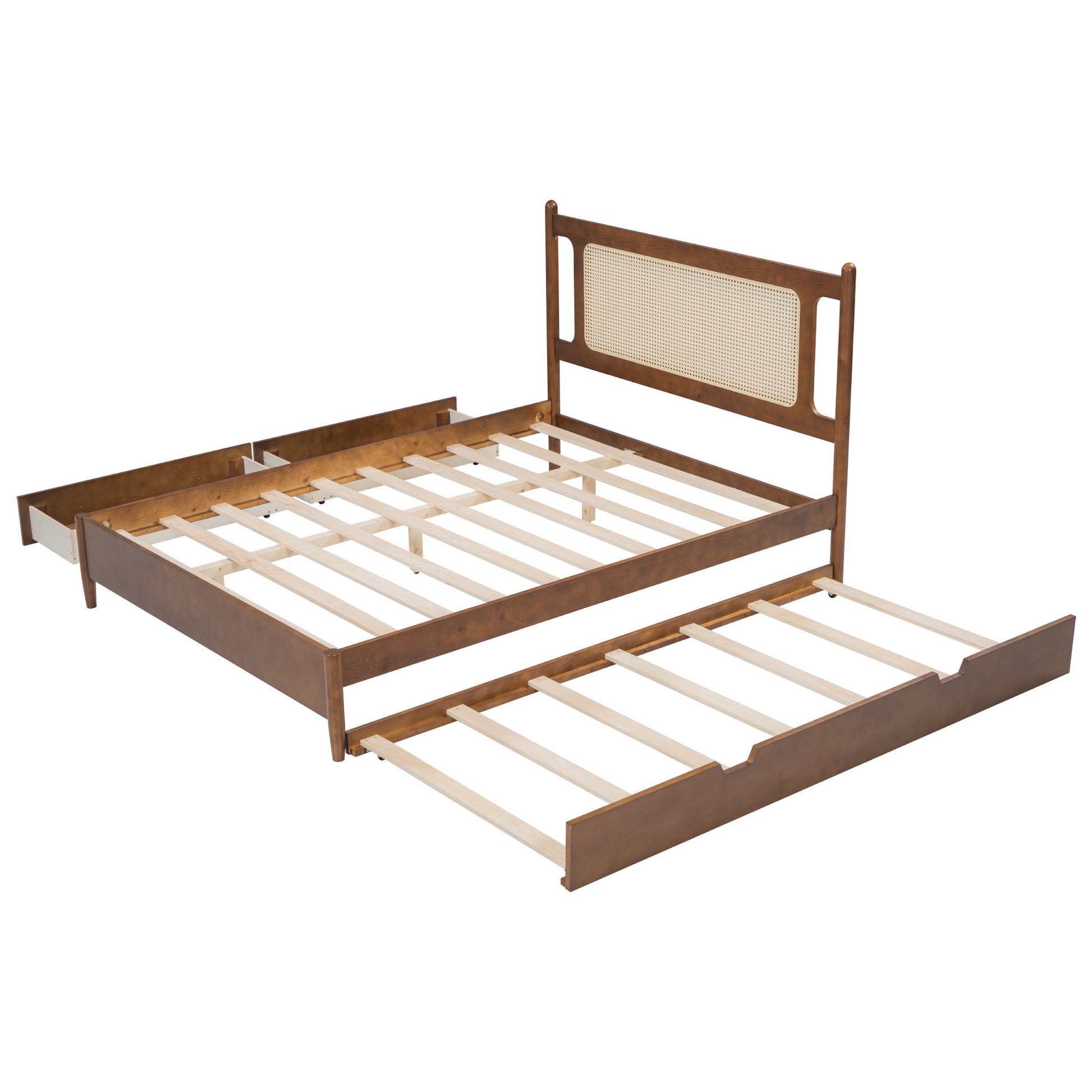 Queen Size Wooden Rattan Platform Bed, With 2 Big Drawers, T Size Trundle, Brown Queen Brown Plywood