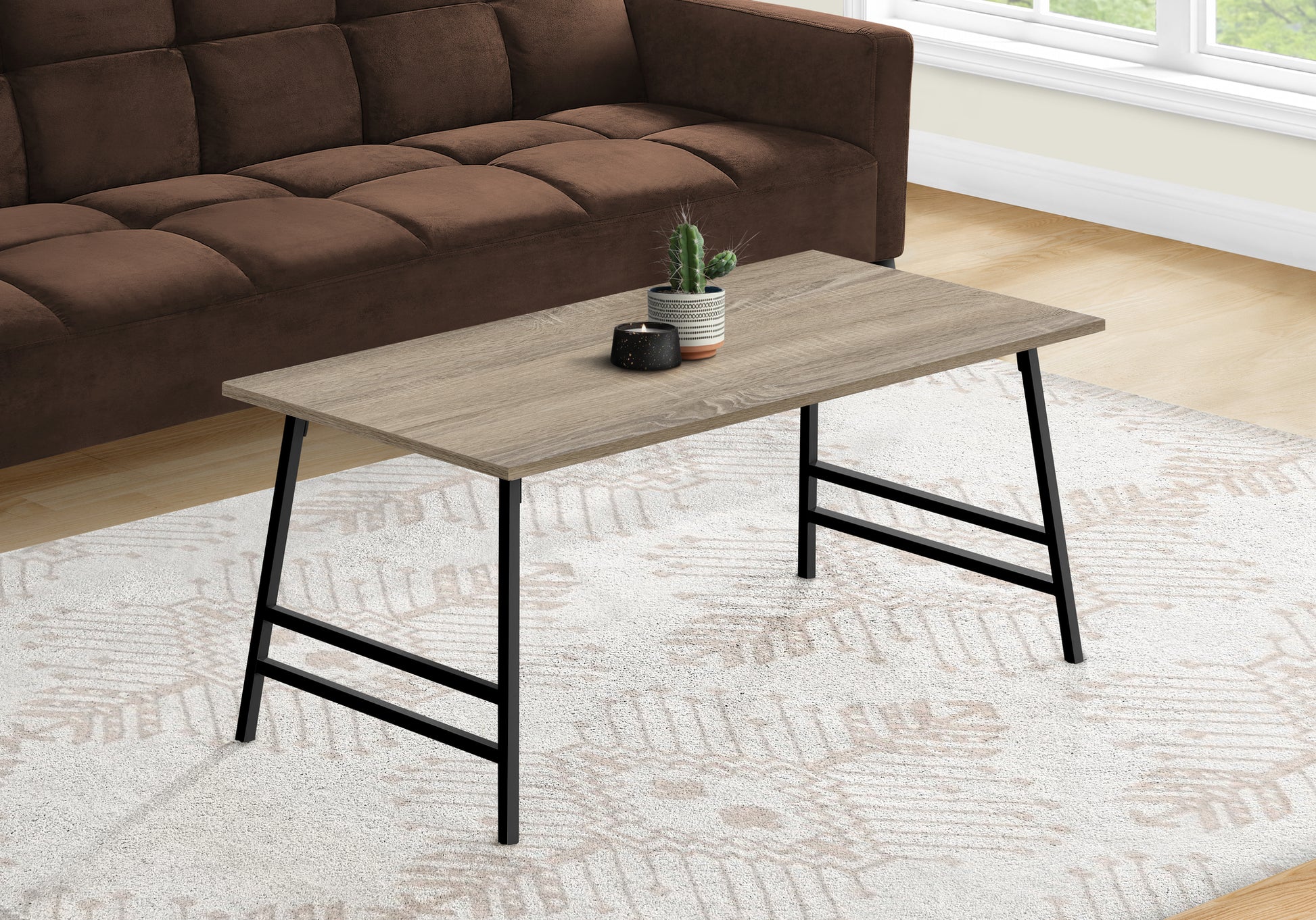 Coffee Table, Accent, Cocktail, Rectangular, Living Room, 40"L, Brown Laminate, Black Metal, Contemporary, Modern Taupe Mdf