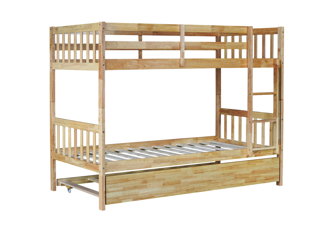 Twin Over Twin Rubber Wood Bunk Bed With Trundle, Convertible Into 2 Twin Size Beds, Twin Size Bunk Bed With Ladder And Safety Guardrails,Natural Twin Natural Rubber Wood