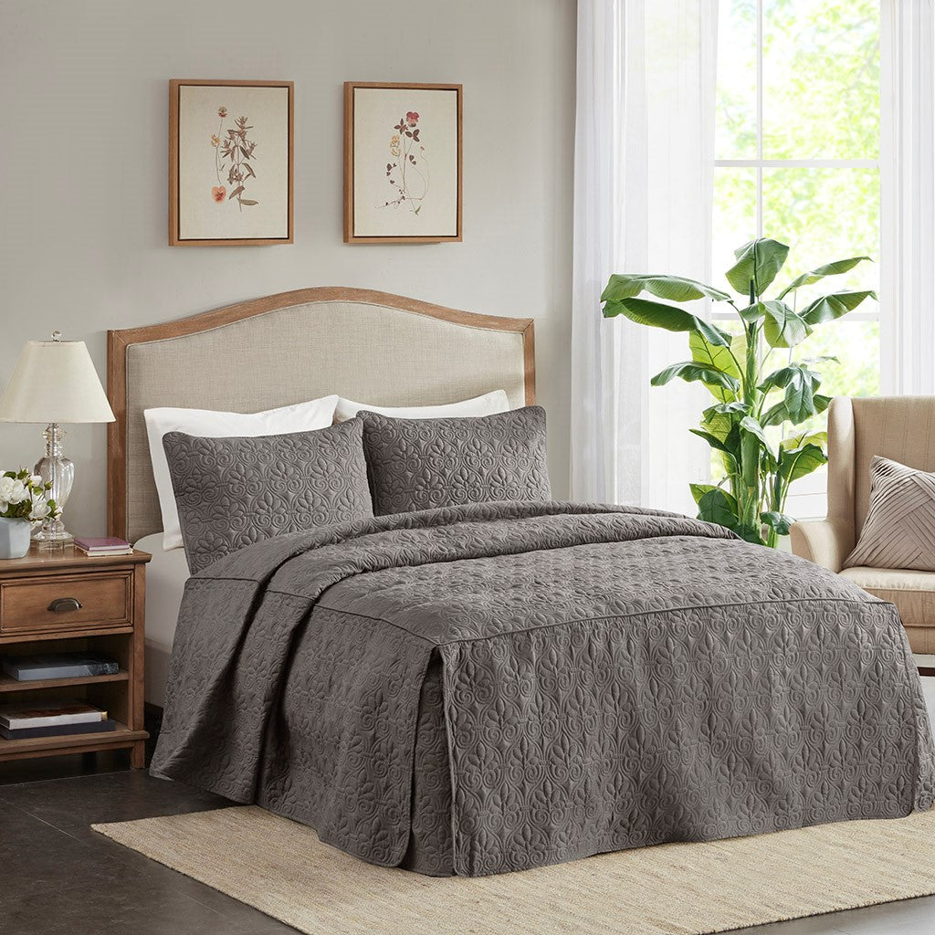 3 Piece Split Corner Pleated Quilted Bedspread Dark Grey Queen Dark Grey Polyester