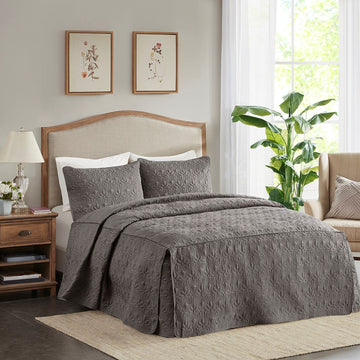 3 Piece Split Corner Pleated Quilted Bedspread Dark Grey Queen Dark Grey Polyester
