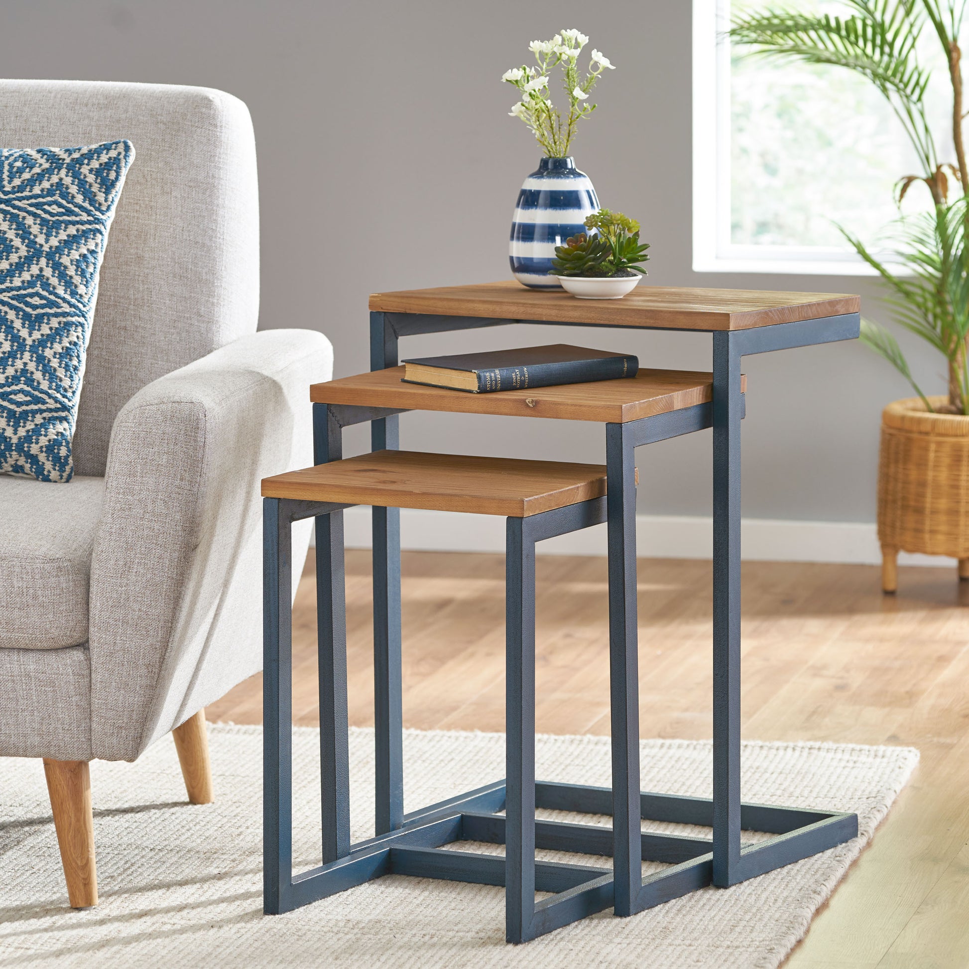 Modern Industrial Firwood Nesting Tables Set Of 3 , Antique Brown And Black With Blue Antique Brown Primary Living Space Casual,Contemporary Fir Coffee & End Tables Rectangular Wood Metal